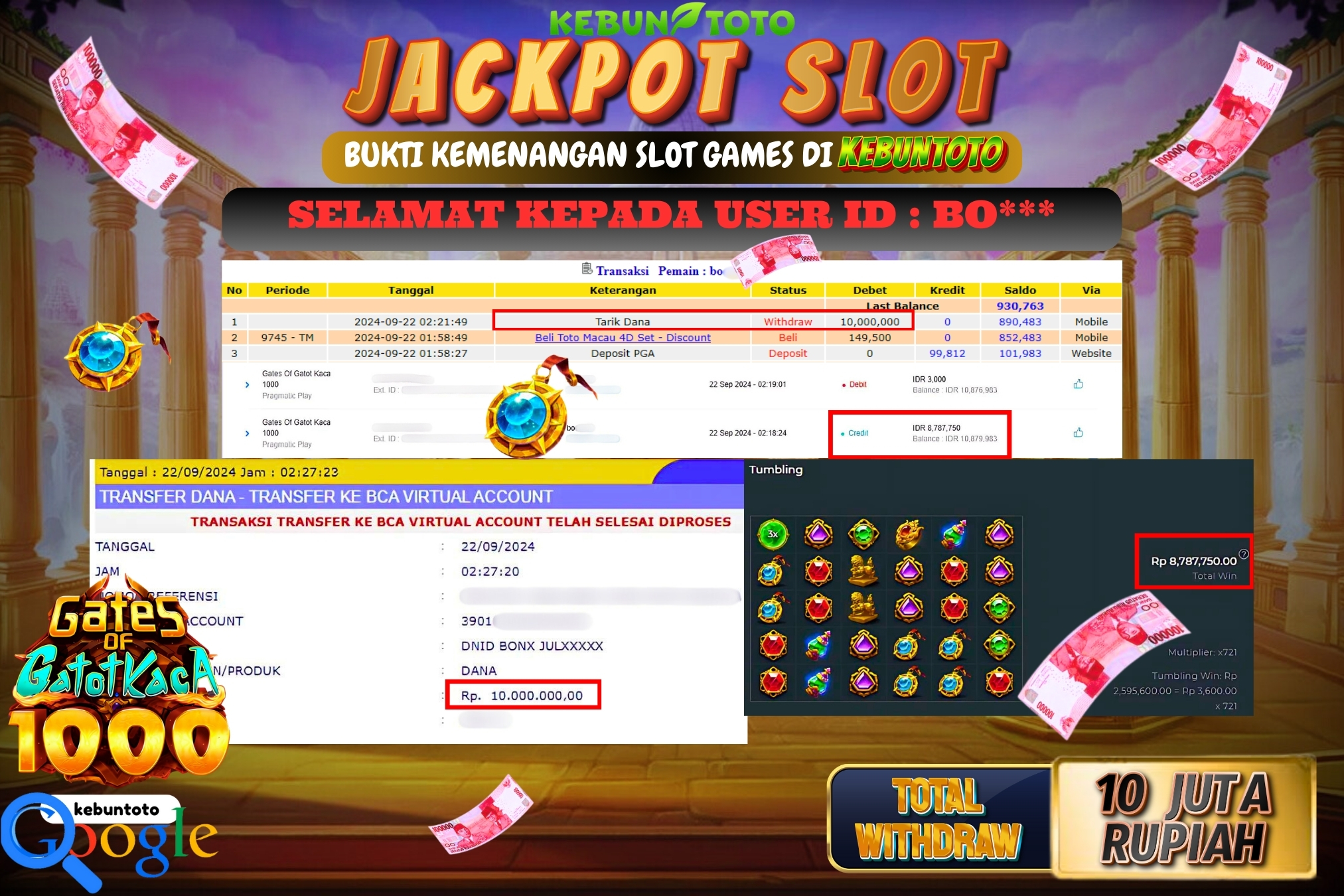 KEBUNTOTO JACKPOT SLOT GATES OF GATOTKACA 1000 Rp.10.000.000,- LUNAS