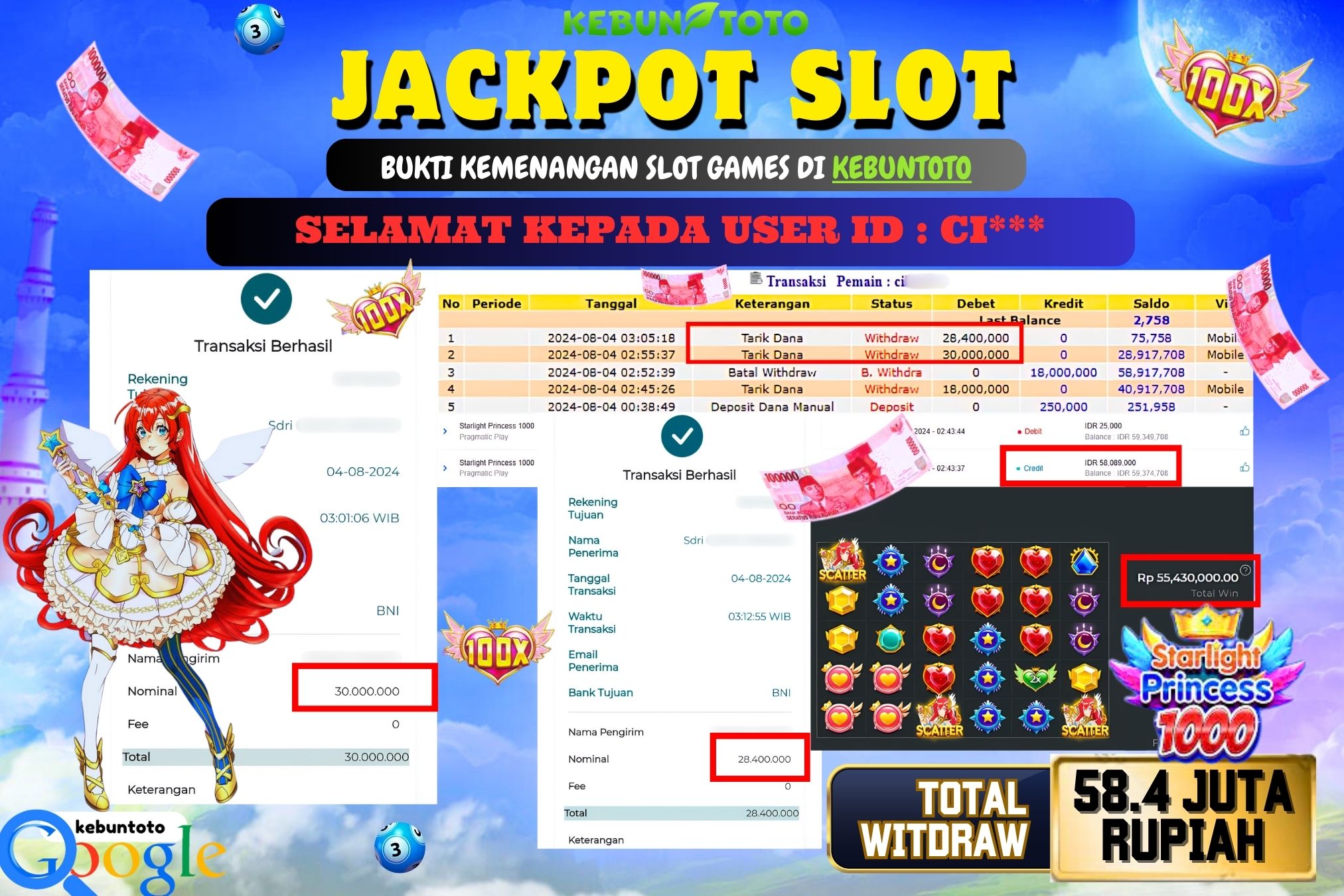KEBUNTOTO JACKPOT SLOT STARLIGHT PRINCESS 1000 Rp.58.400.000,- LUNAS