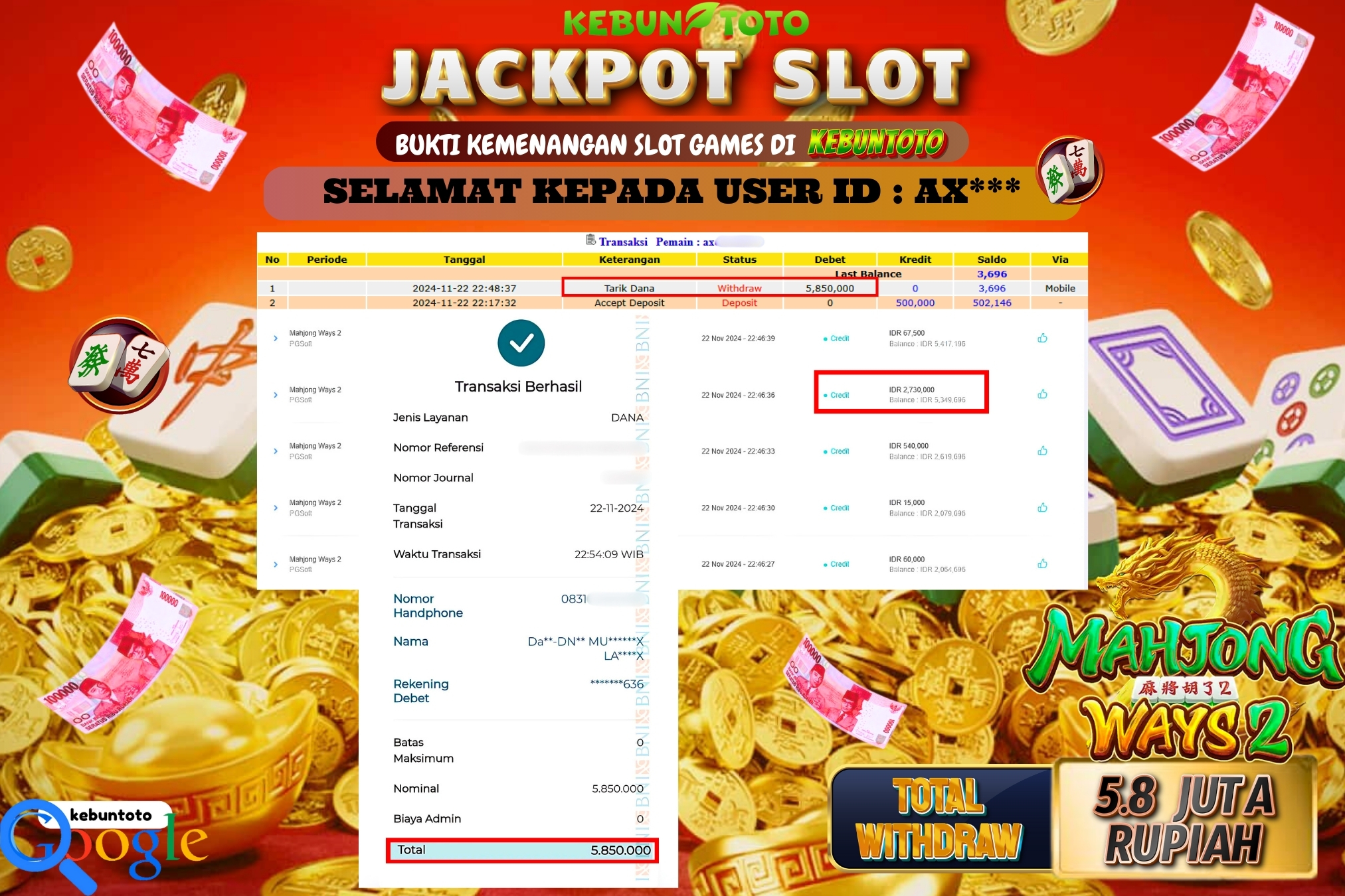KEBUNTOTO JACKPOT SLOT MAHJONG WAYS 2 Rp.5.850.000,- LUNAS