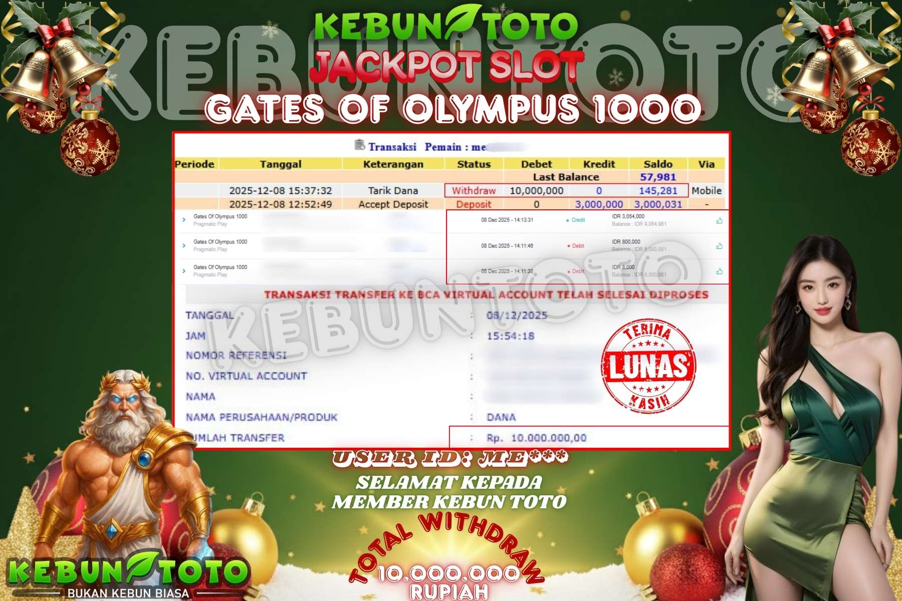 Bukti Kemenangan Rp 10.000.000 SLOT GATES OF OLYMPUS 1000 di KEBUNTOTO!