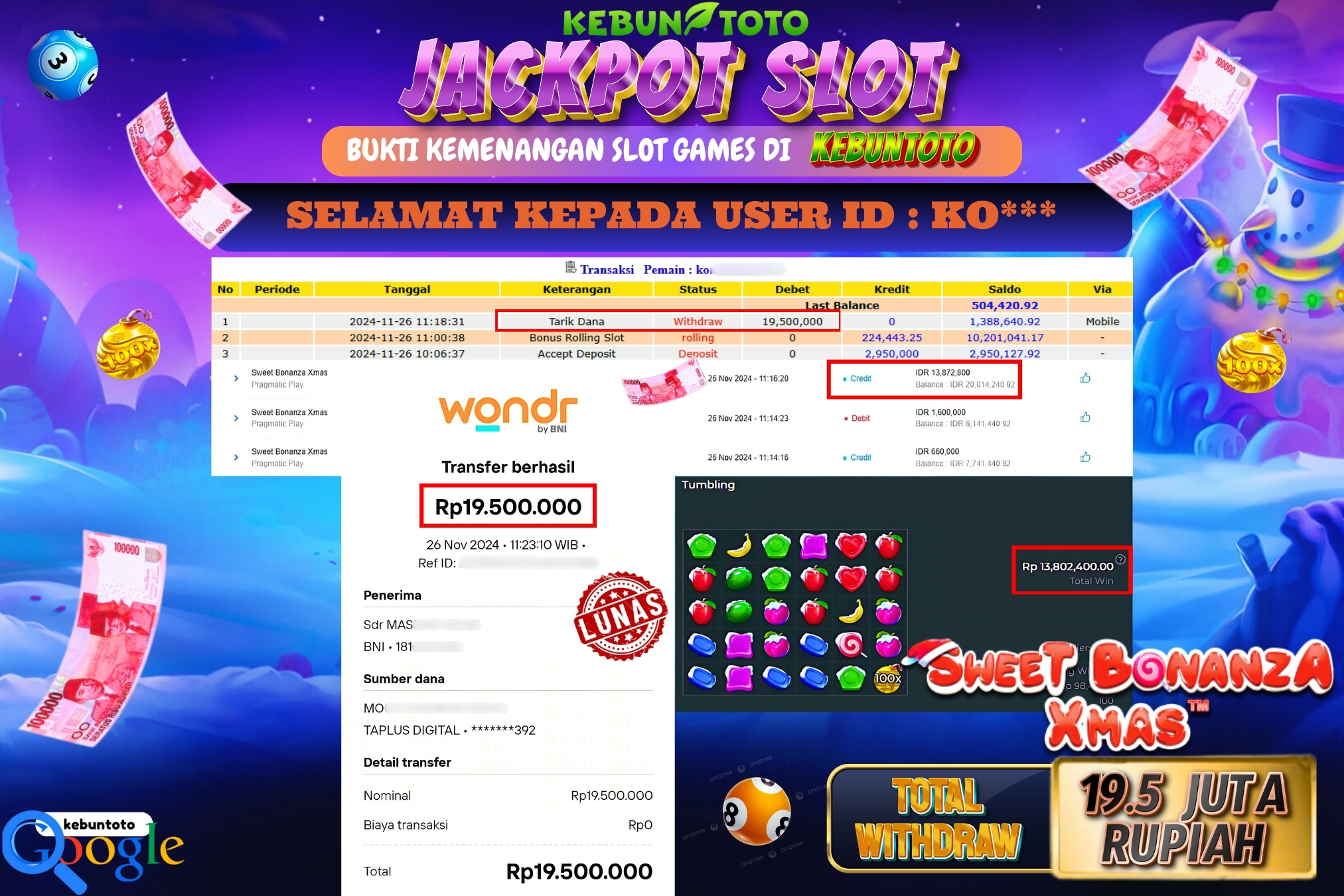 KEBUNTOTO JACKPOT SLOT SWEET BONANZA XMAS Rp.19.500.000,- LUNAS