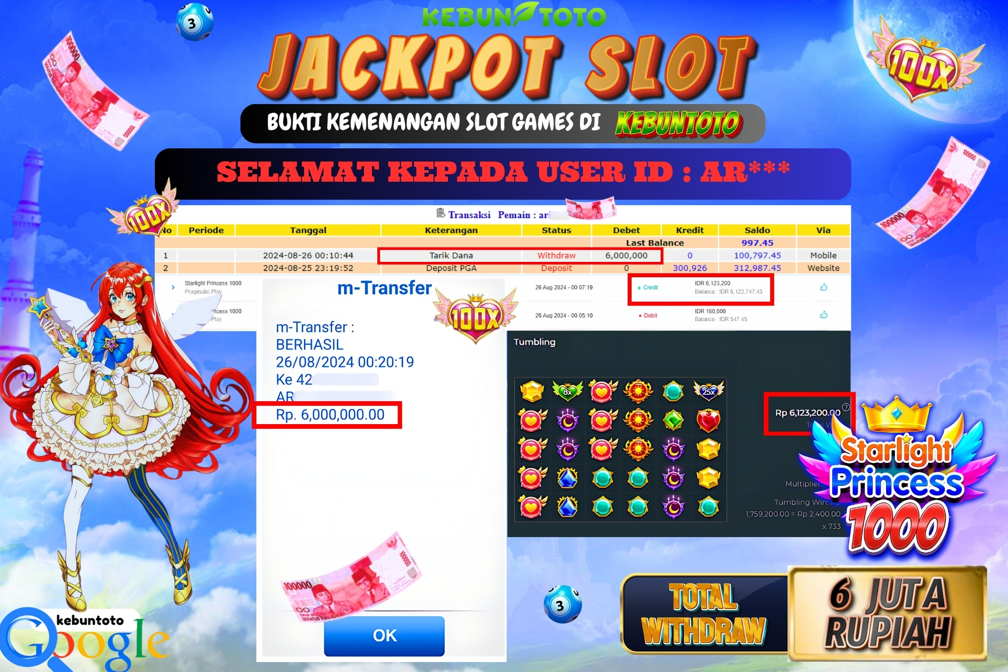 KEBUNTOTO JACKPOT SLOT STARLIGHT PRINCESS 1000 Rp.6.000.000,- LUNAS