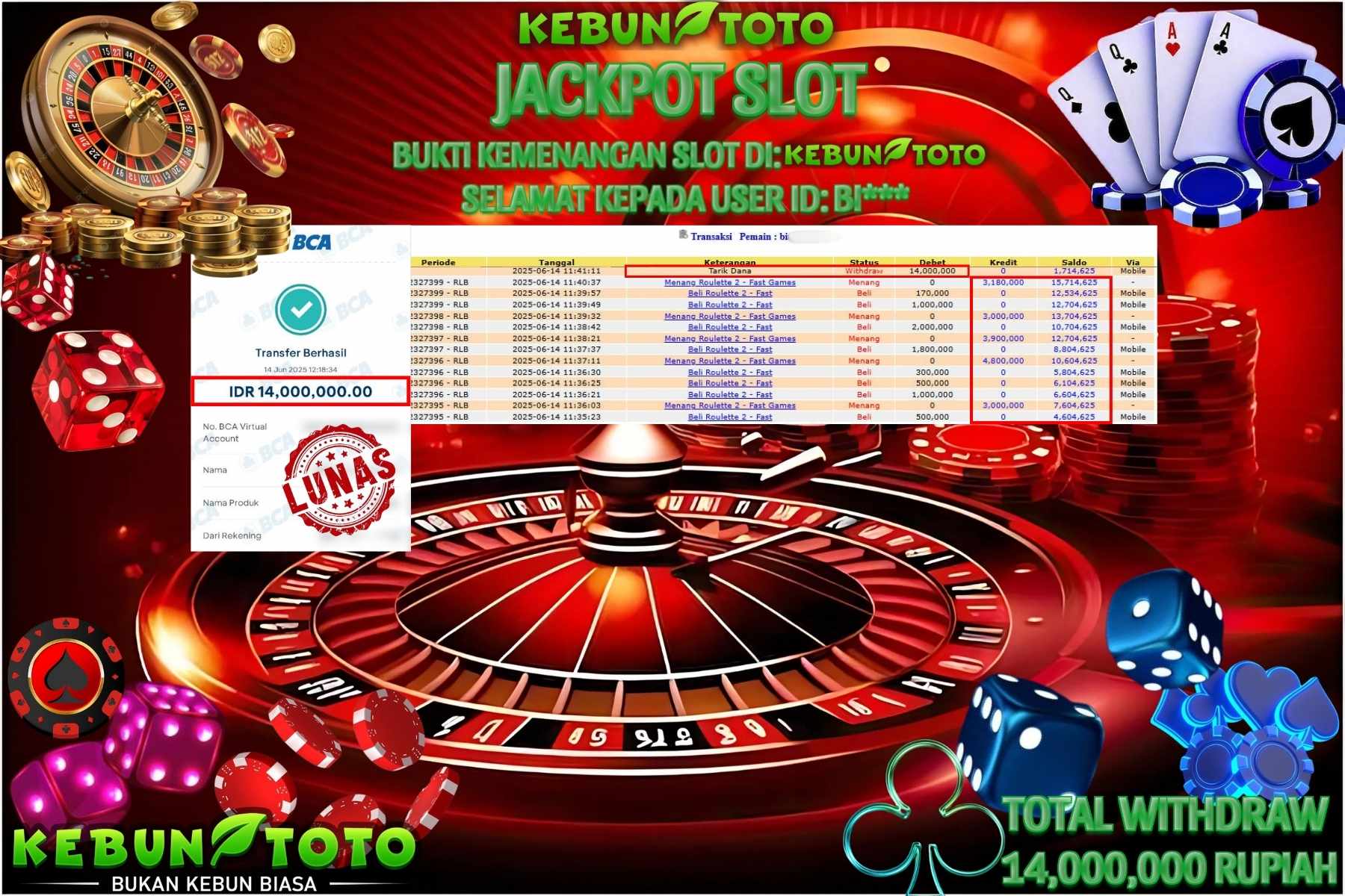 KEBUNTOTO JACKPOT SLOT ROULETTE 2 Rp 14.000.000,- LUNAS