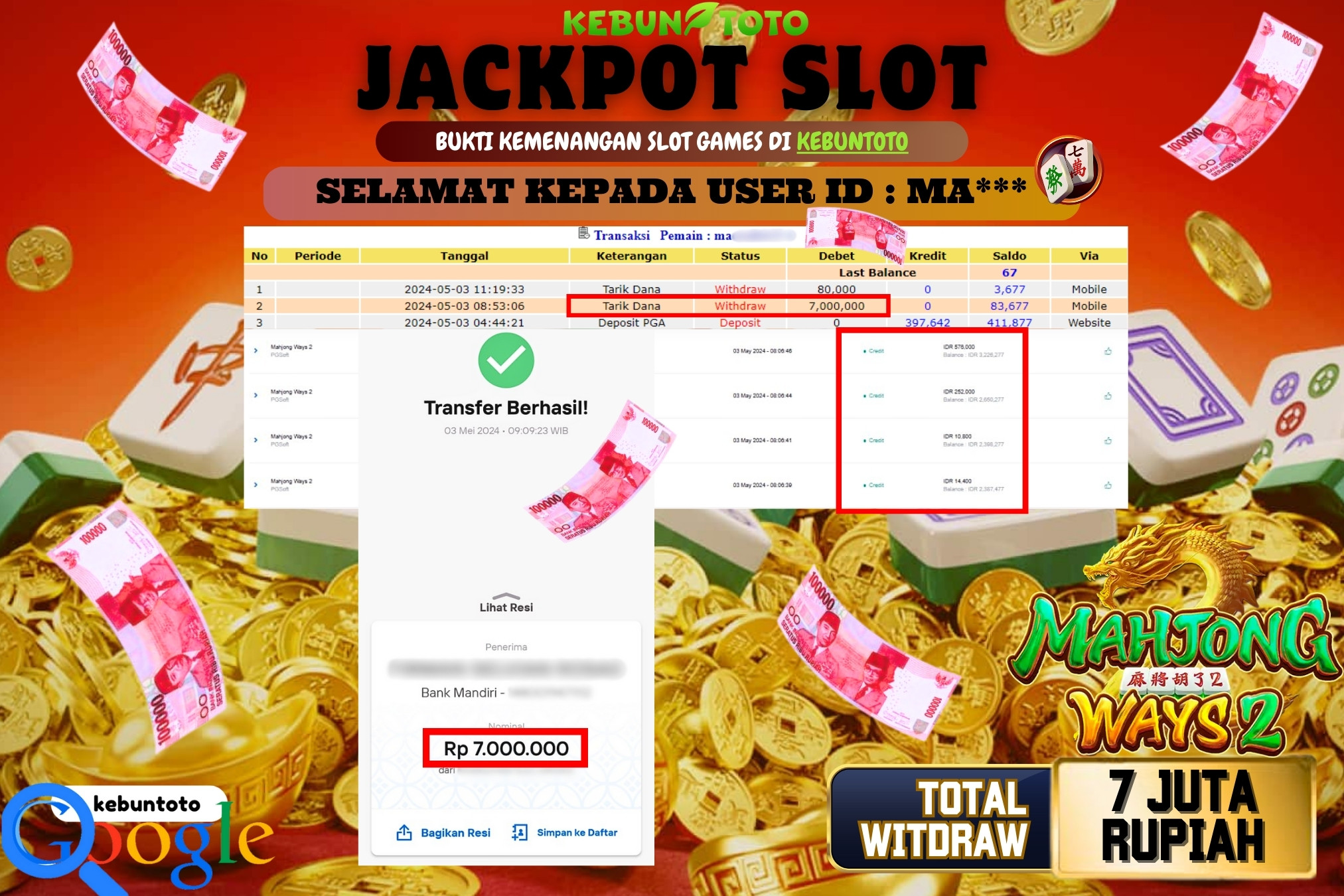 KEBUNTOTO JACKPOT SLOT MAHJONG WAYS 2 Rp.7.000.000,- LUNAS