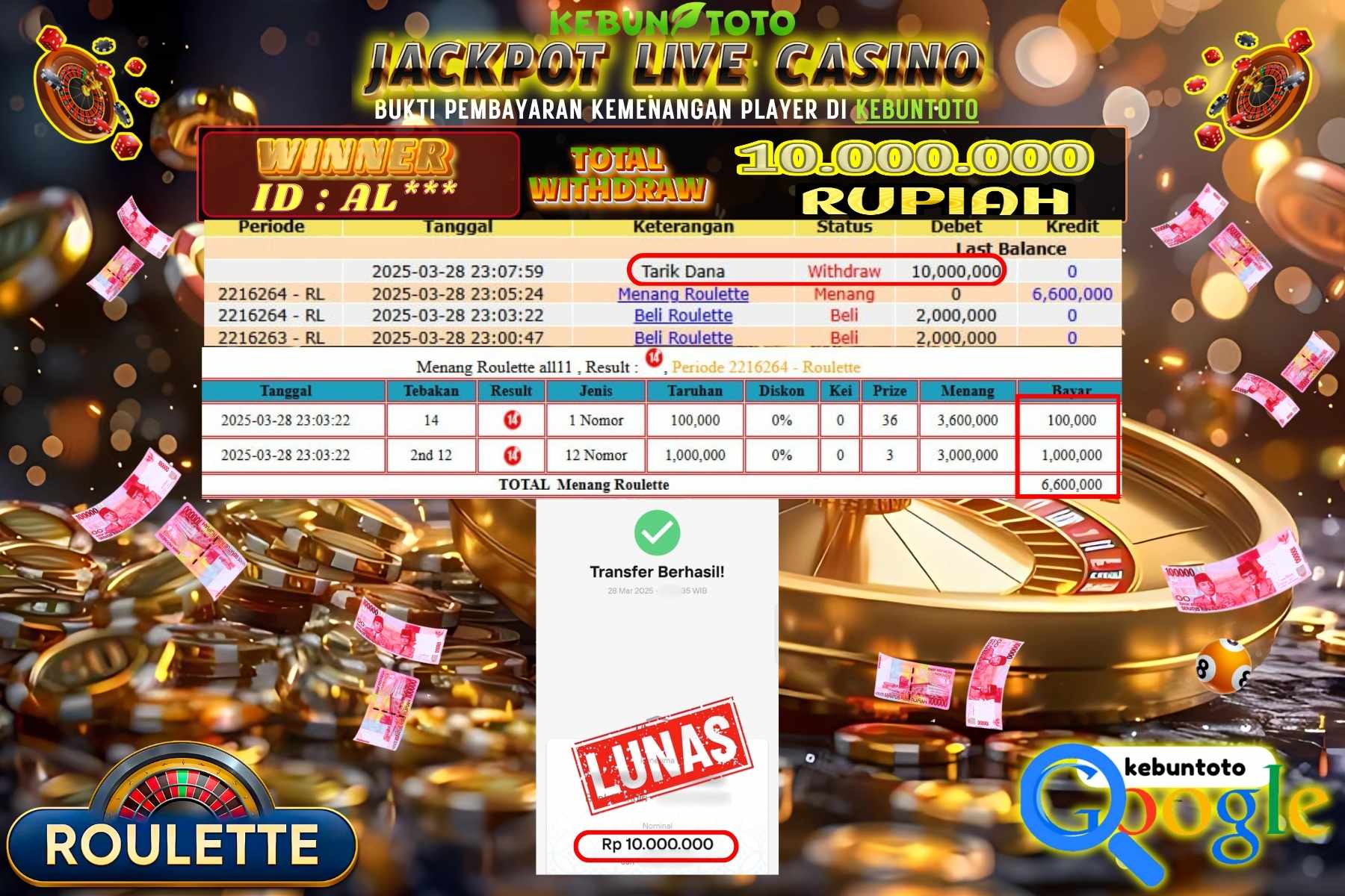 KEBUNTOTO JACKPOT, LIVE CASINO ROULETTE Rp 10.000.000,- LUNAS