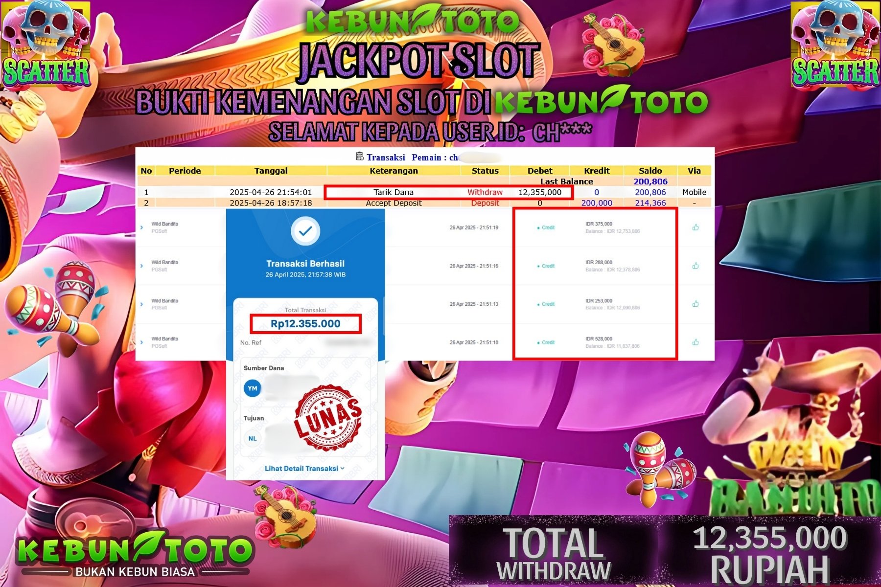 KEBUNTOTO JACKPOT SLOT WILD BANDITO Rp 12.355.000 ,- LUNAS