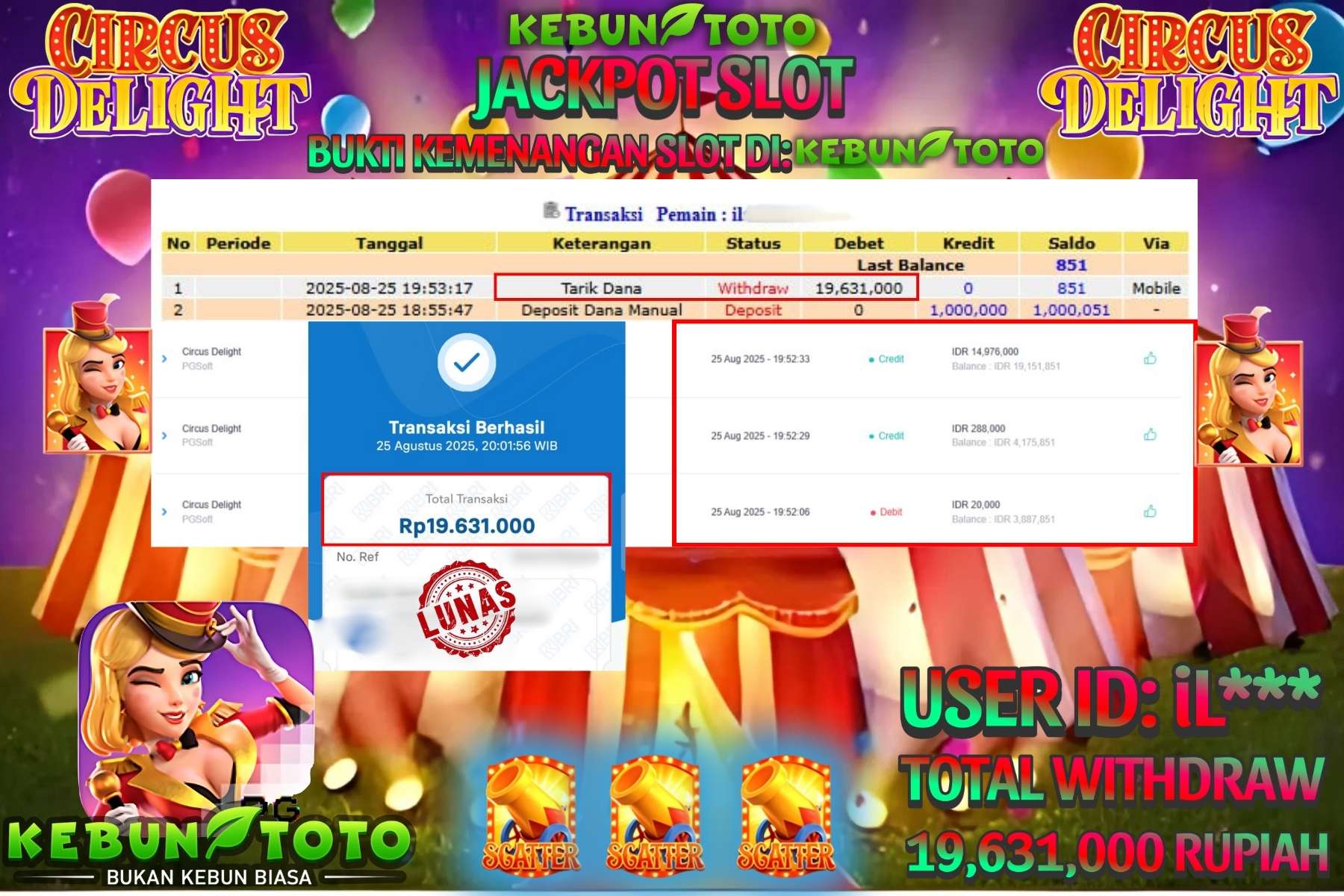 Bukti Kemenangan Rp 19.631.000 SLOT CIRCUS DELIGHT di KEBUNTOTO!