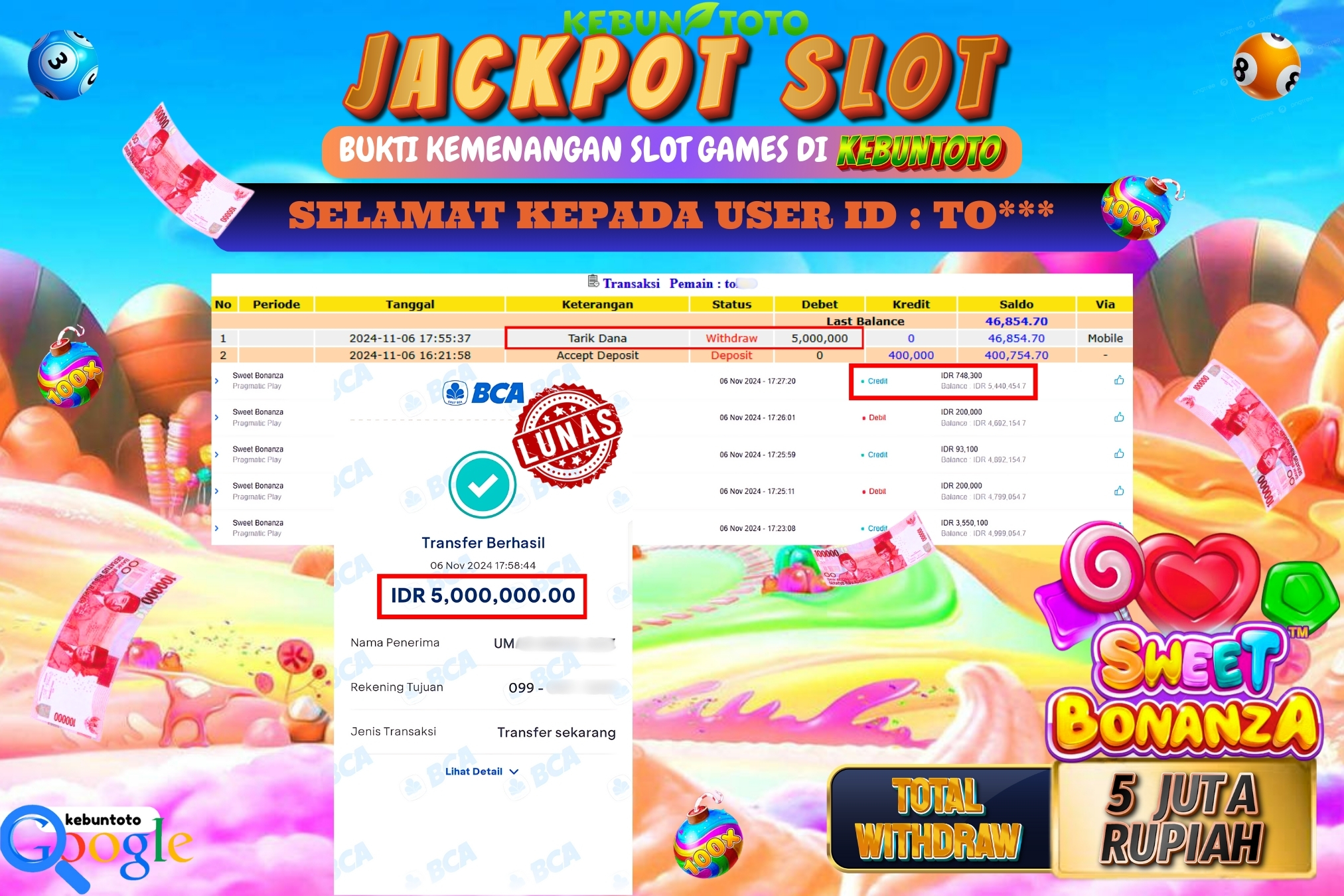 KEBUNTOTO JACKPOT SLOT SWEET BONANZA Rp.5.000.000,- LUNAS