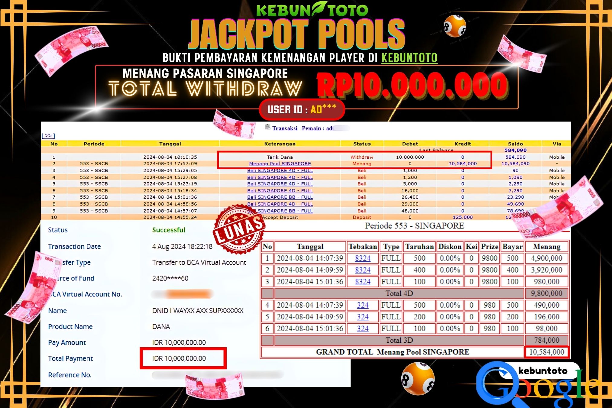 KEBUNTOTO JACKPOT TOGEL PASARAN SINGAPORE Rp.10.000.000,- LUNAS