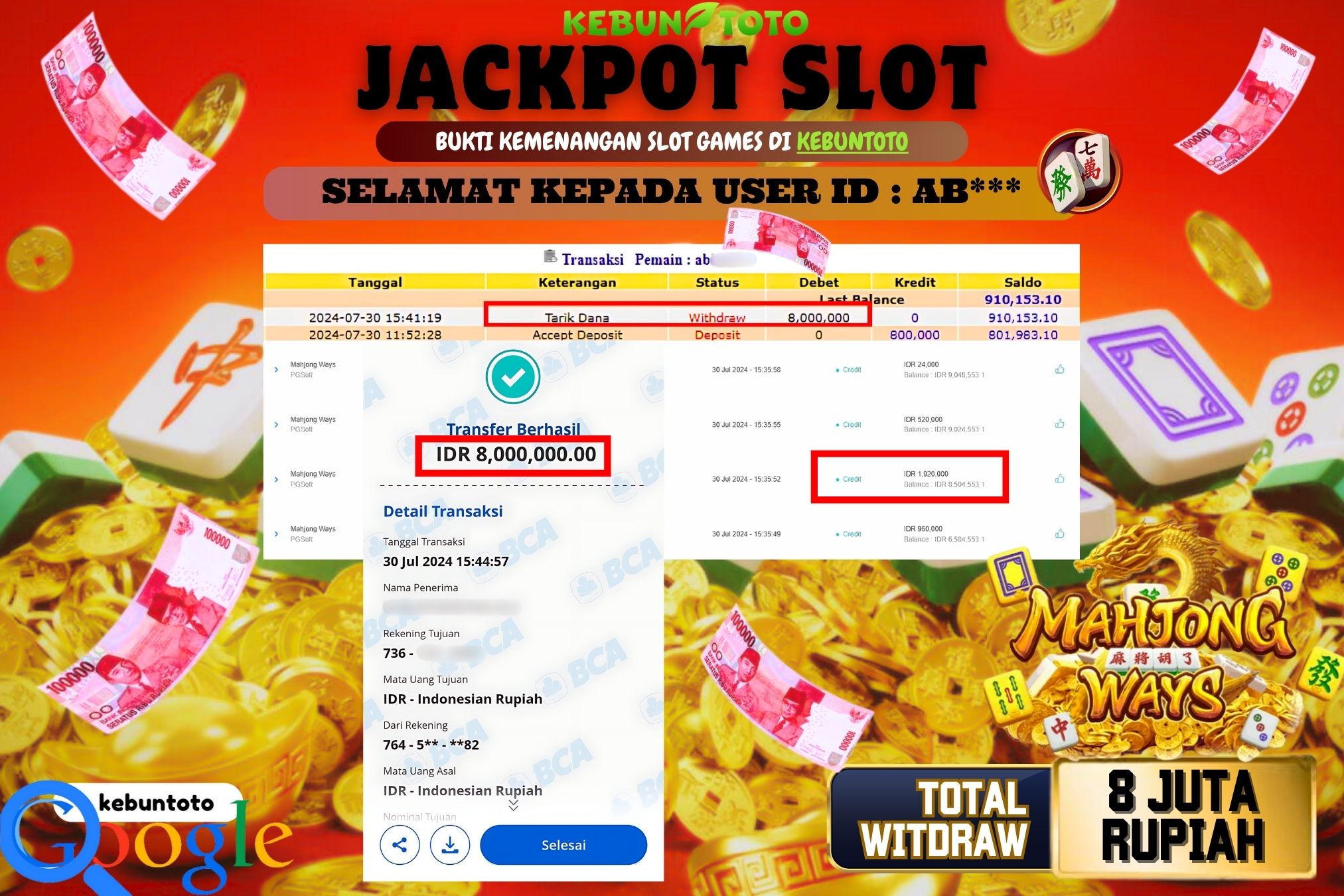 KEBUNTOTO JACKPOT SLOT MAHJONG WAYS Rp.8.000.000,- LUNAS