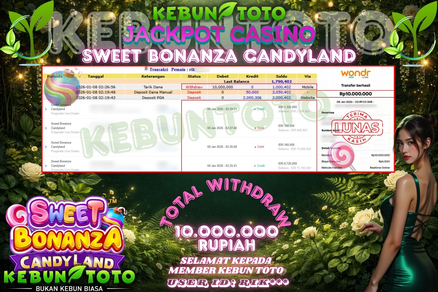 Bukti Kemenangan Rp 10.000.000 CASINO SWEET BONANZA CANDYLAND di KEBUNTOTO!