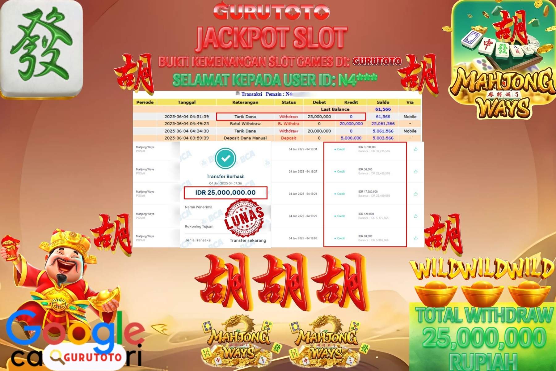 GURUTOTO JACKPOT, SLOT MAHJONG WAYS , Sebesar Rp 25.000.000,- LUNAS