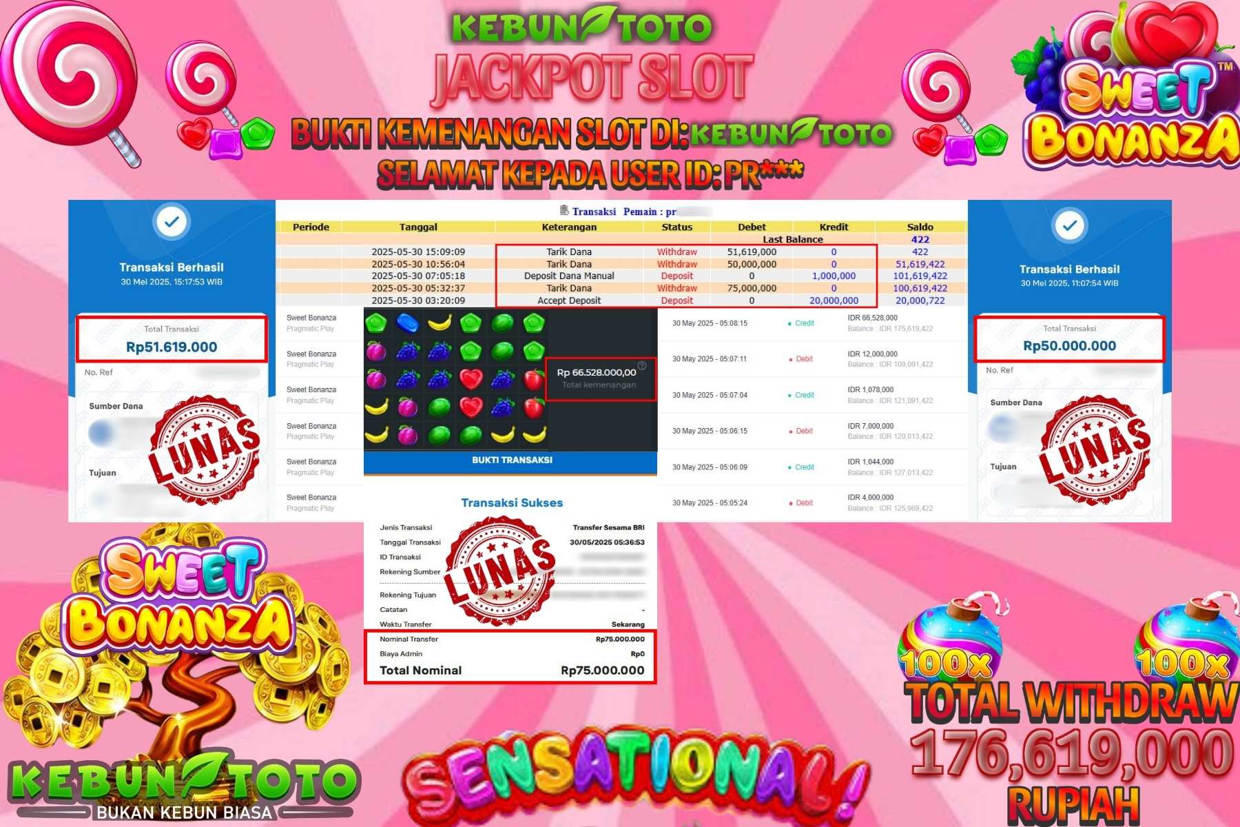 KEBUNTOTO JACKPOT SLOT SWEET BONANZA Rp 176.619.000,- LUNAS