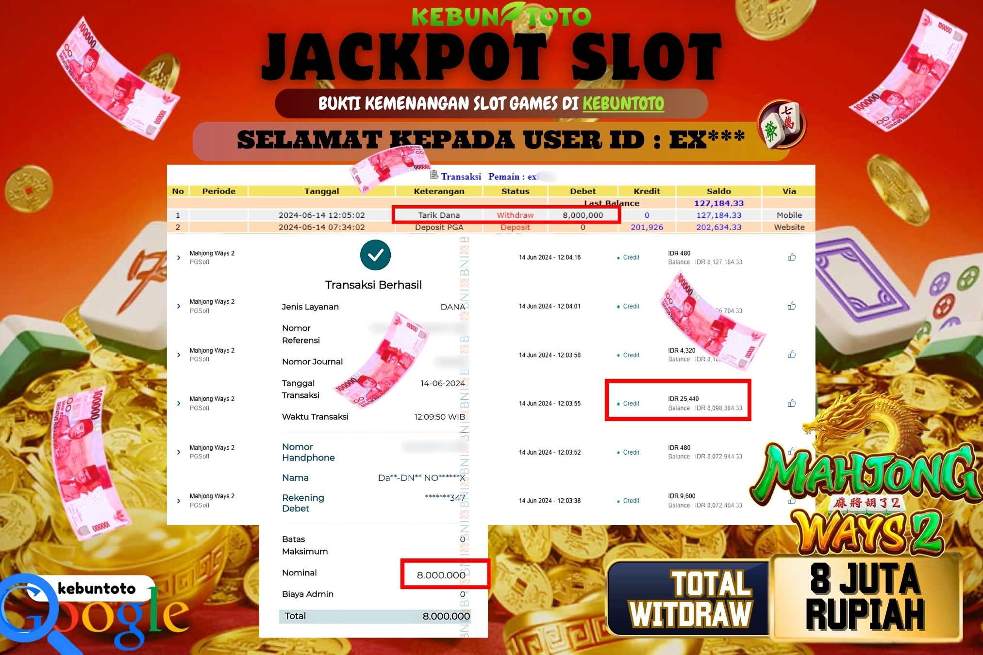 KEBUNTOTO JACKPOT SLOT MAHJONG WAYS 2 Rp.8.000.000,- LUNAS