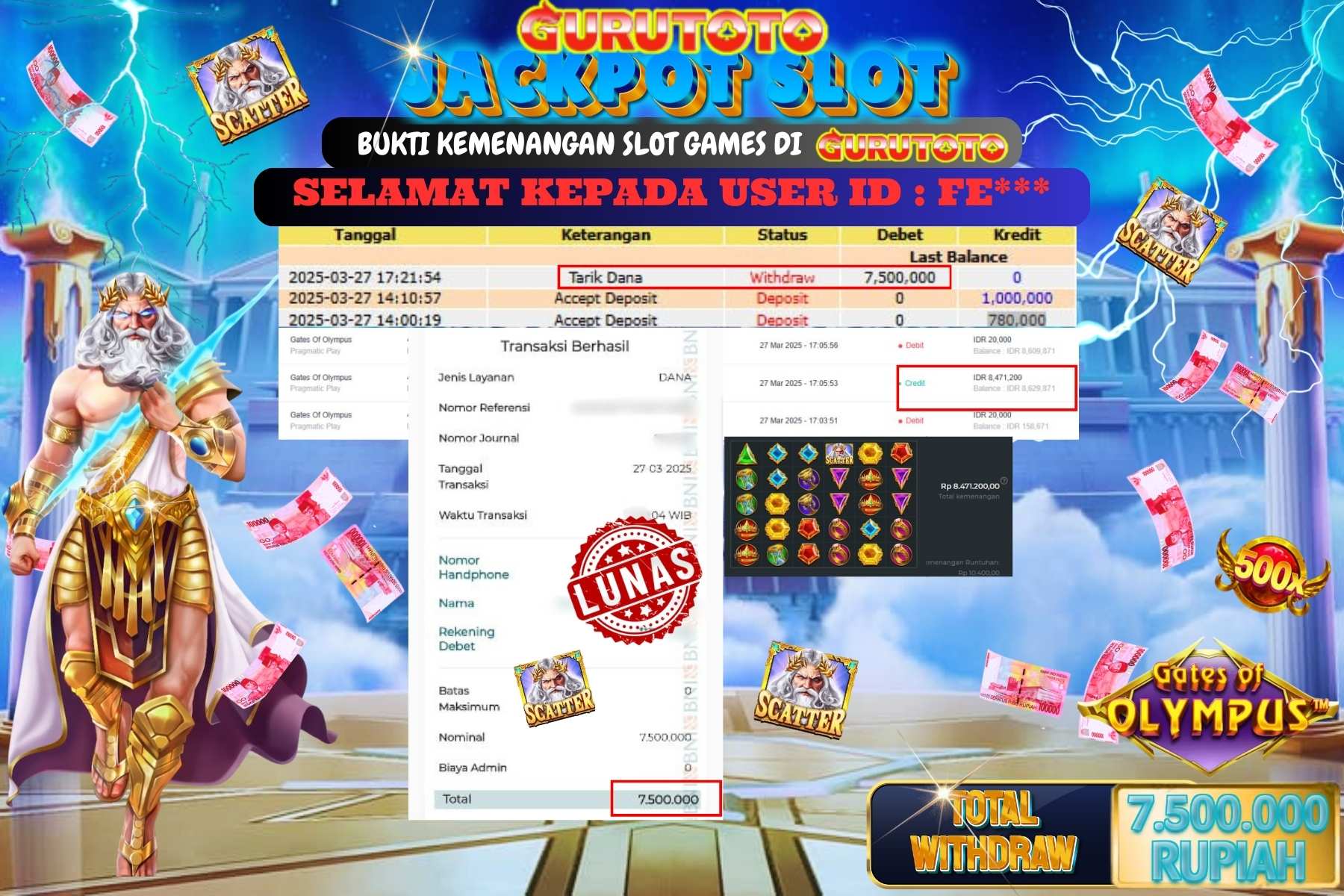 GURUTOTO JACKPOT, SLOT GATES OF OLYMPUS , Sebesar Rp 7.500.000,- LUNAS