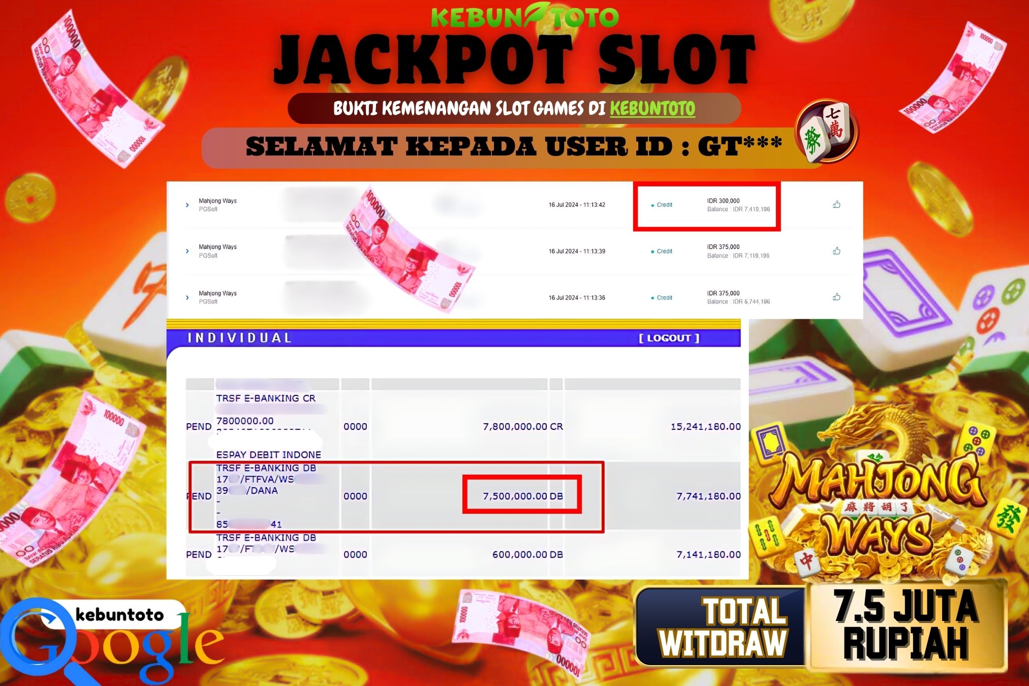 KEBUNTOTO JACKPOT SLOT MAHJONG WAYS Rp.7.500.000,- LUNAS