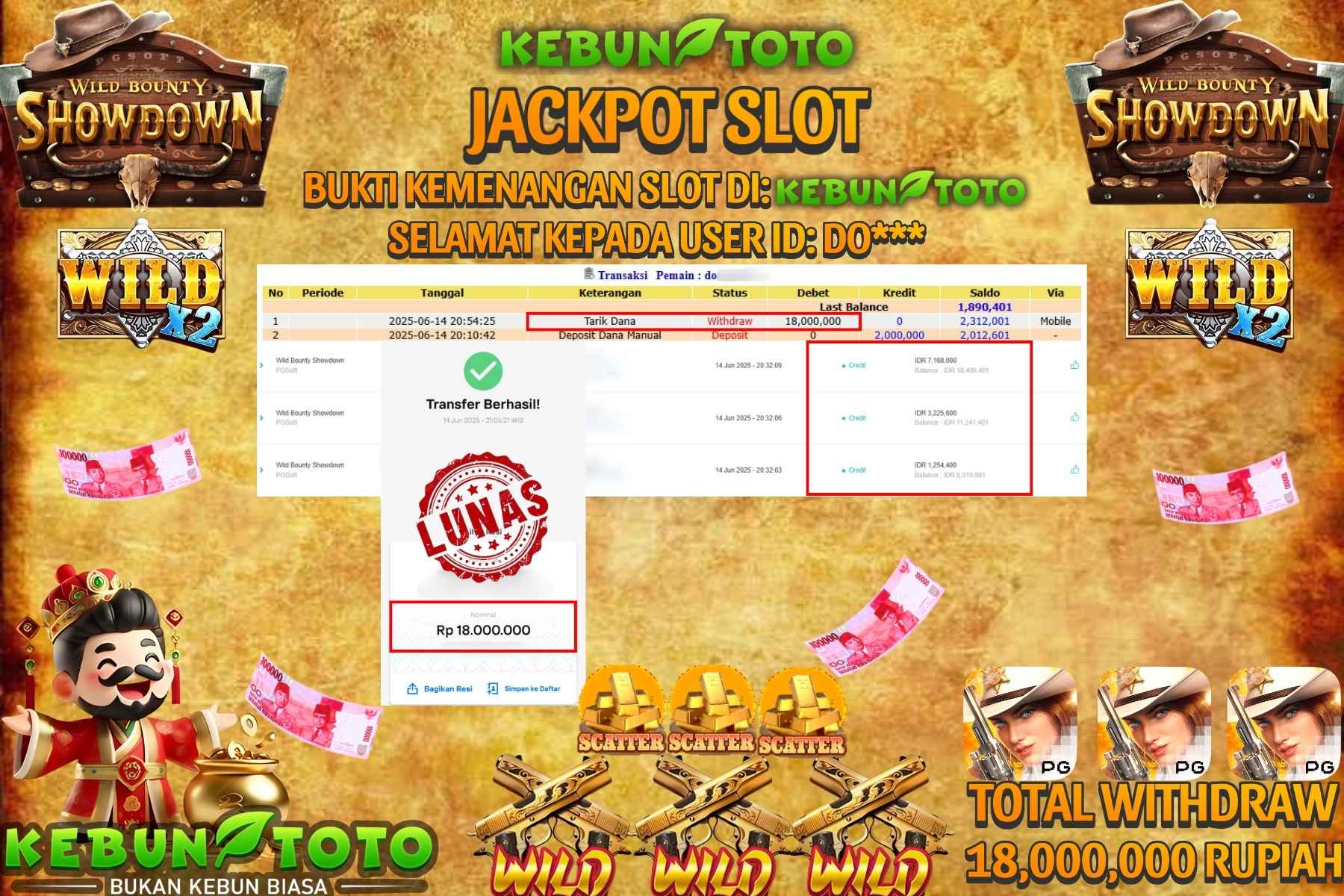 KEBUNTOTO JACKPOT SLOT WILD BOUNTY SHOWDOWN Rp 18.000.000,- LUNAS