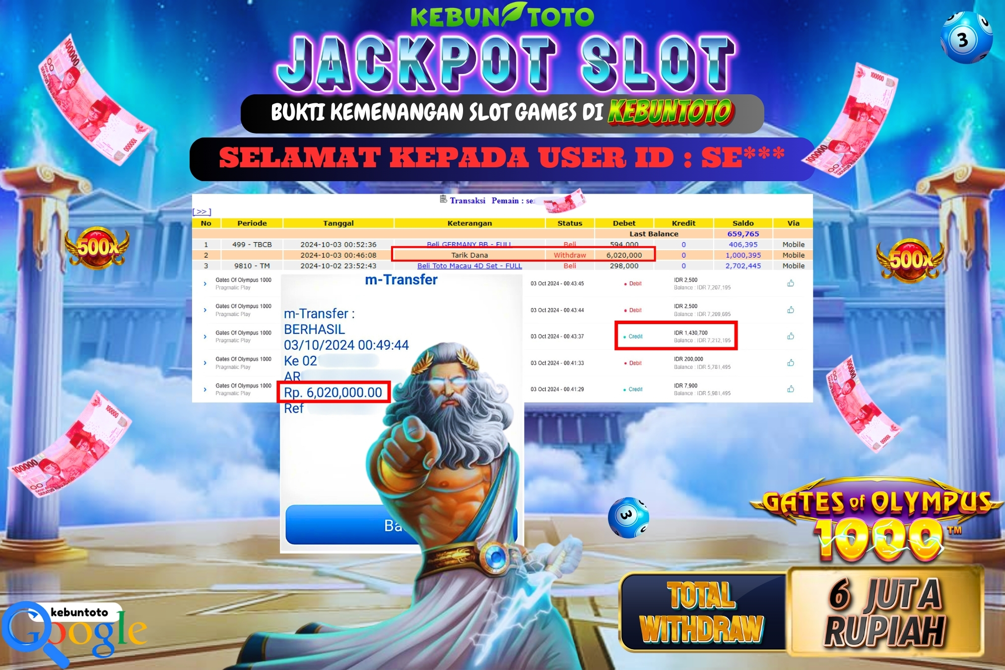 KEBUNTOTO JACKPOT SLOT GATES OF OLYMPUS 1000 Rp.6.020.000,- LUNAS