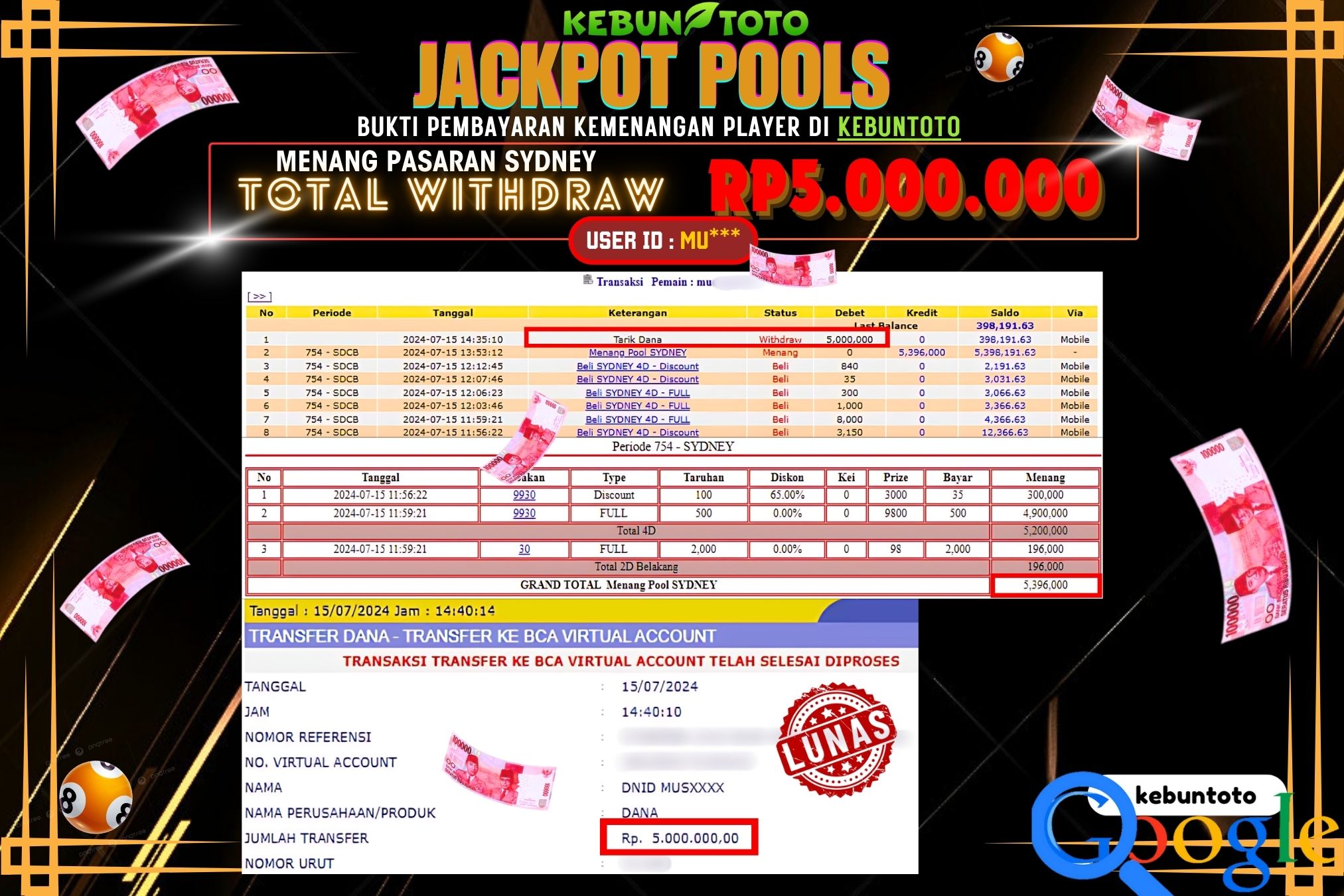 KEBUNTOTO JACKPOT TOGEL PASARAN SYDNEY Rp.5.000.000,- LUNAS
