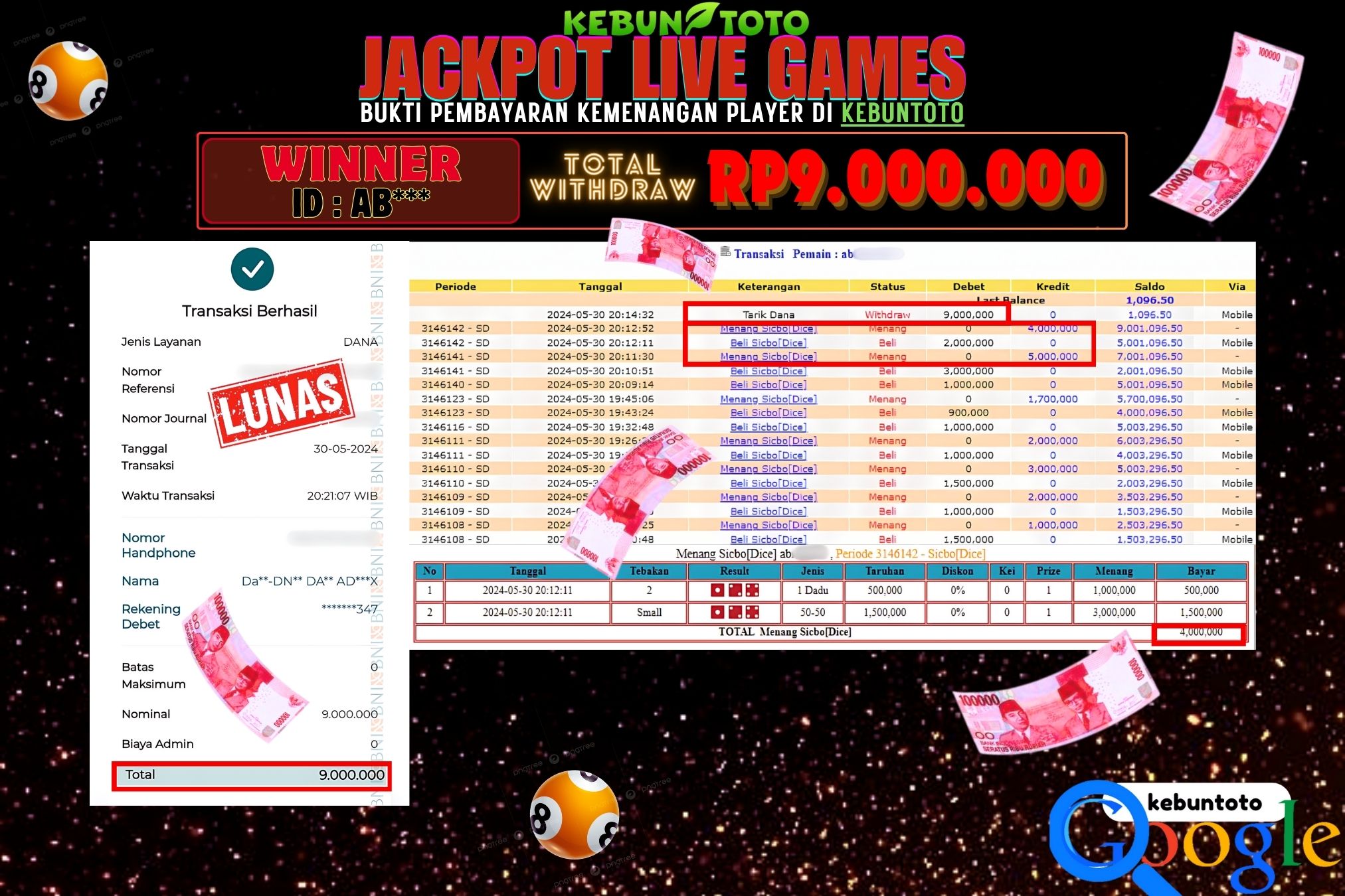 KEBUNTOTO JACKPOT LIVE GAMES SICBO (DICE) Rp.9.000.000,- LUNAS