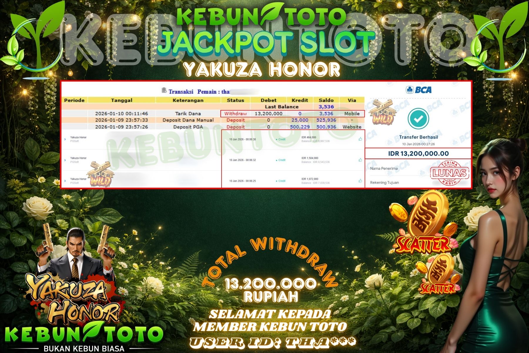 Bukti Kemenangan Rp 13.200.000 SLOT YAKUZA HONOR di KEBUNTOTO!