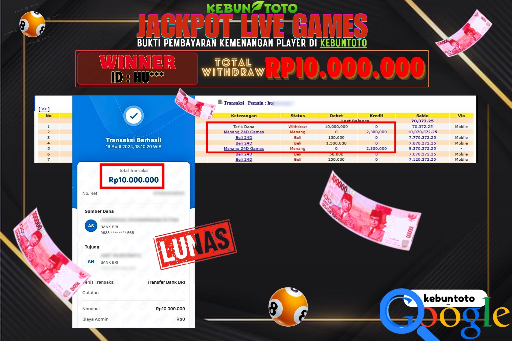 KEBUNTOTO JACKPOT LIVE GAMES 24D Rp.10.000.000,- LUNAS