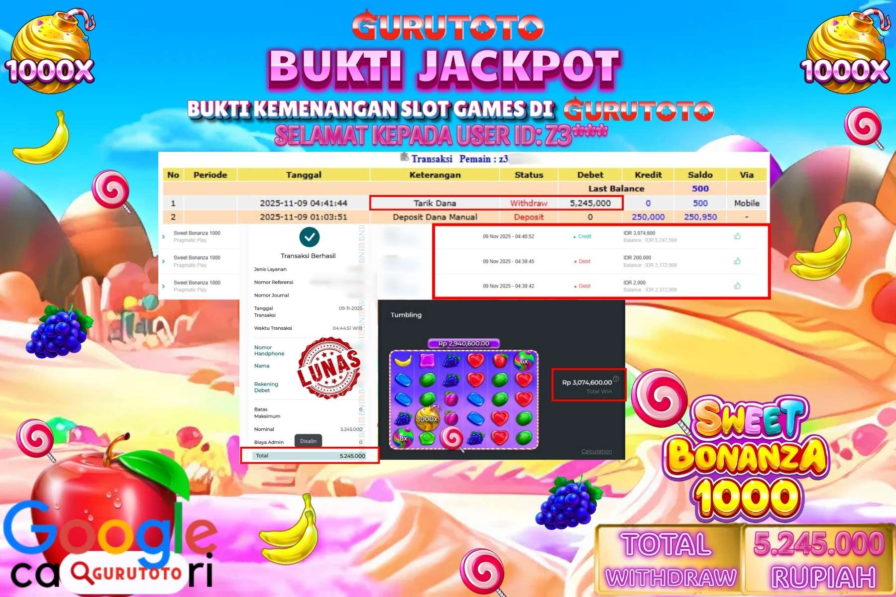 Bukti Kemenangan Rp 5.245.000 SLOT SWEET BONANZA 1000 di GURUTOTO!