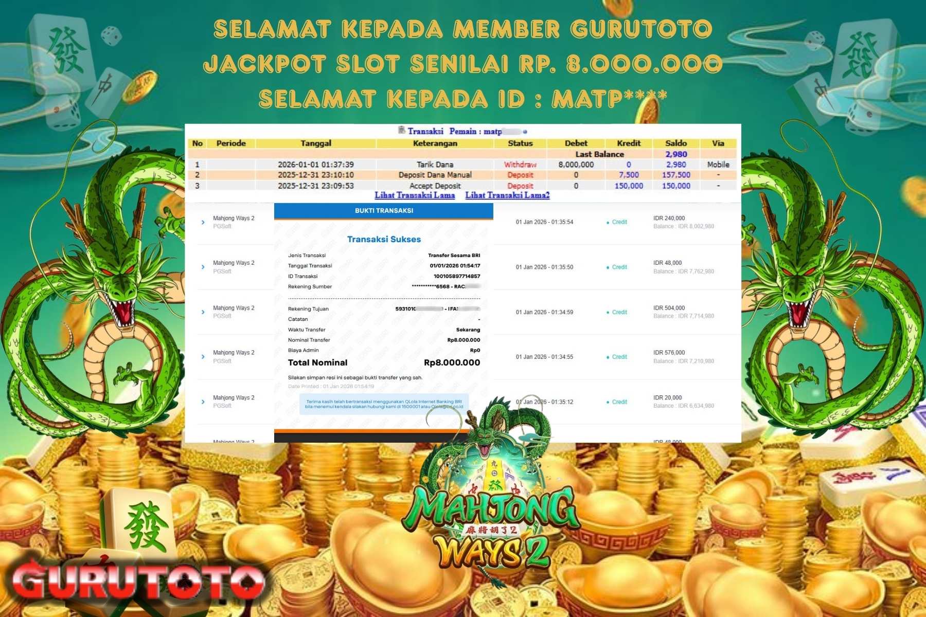 Bukti Kemenangan Rp 8.000.000 MAHJONG WAYS 2 di GURUTOTO!
