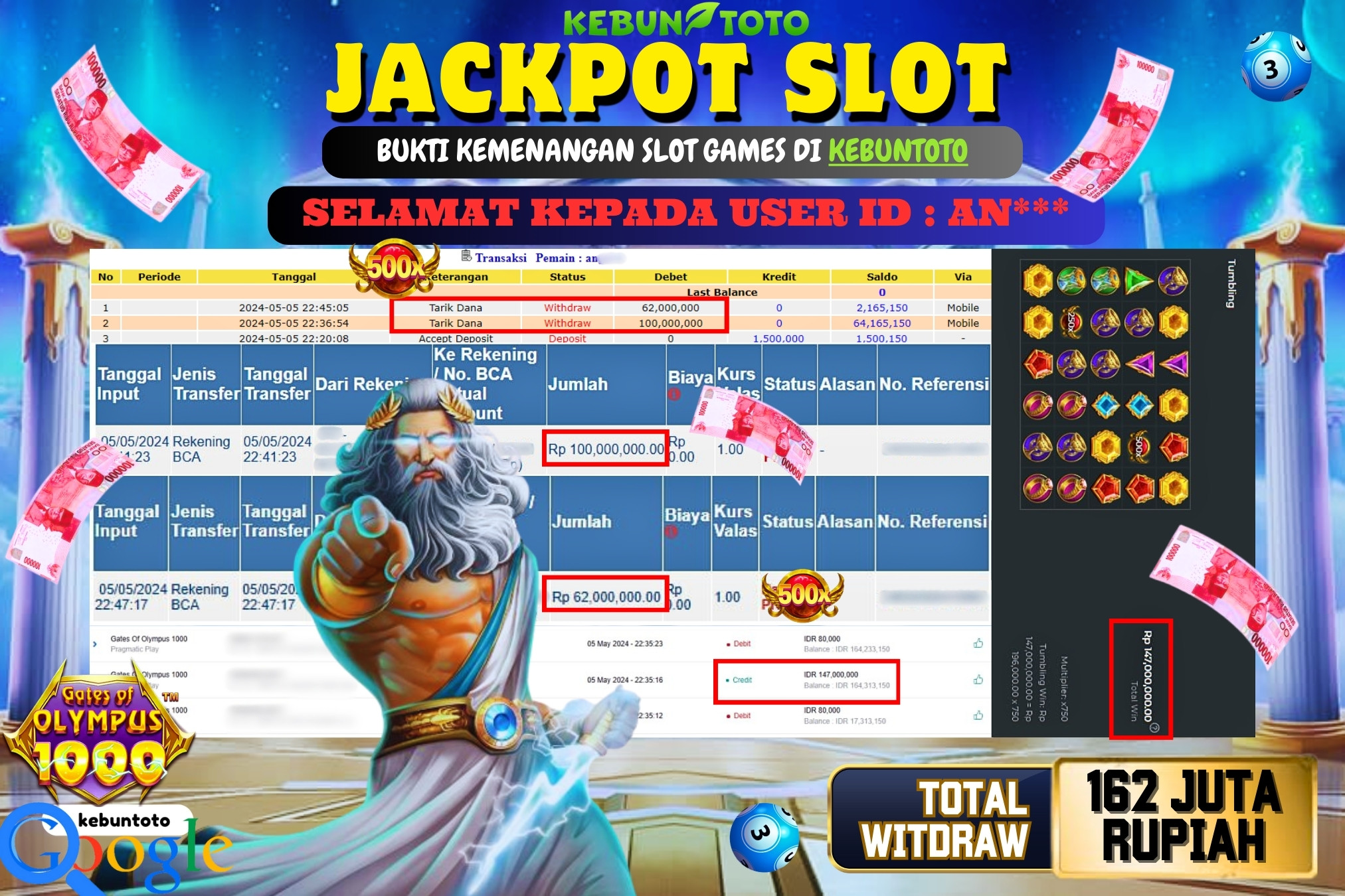 KEBUNTOTO JACKPOT SLOT GATES OF OLYMPUS 1000 Rp.162.000.000,- LUNAS