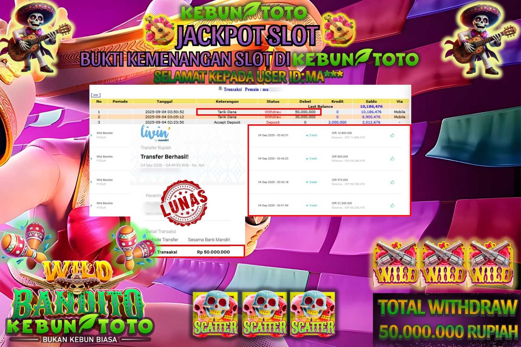 Bukti Kemenangan Rp 50.000.000 SLOT WILD BANDITO di KEBUNTOTO!