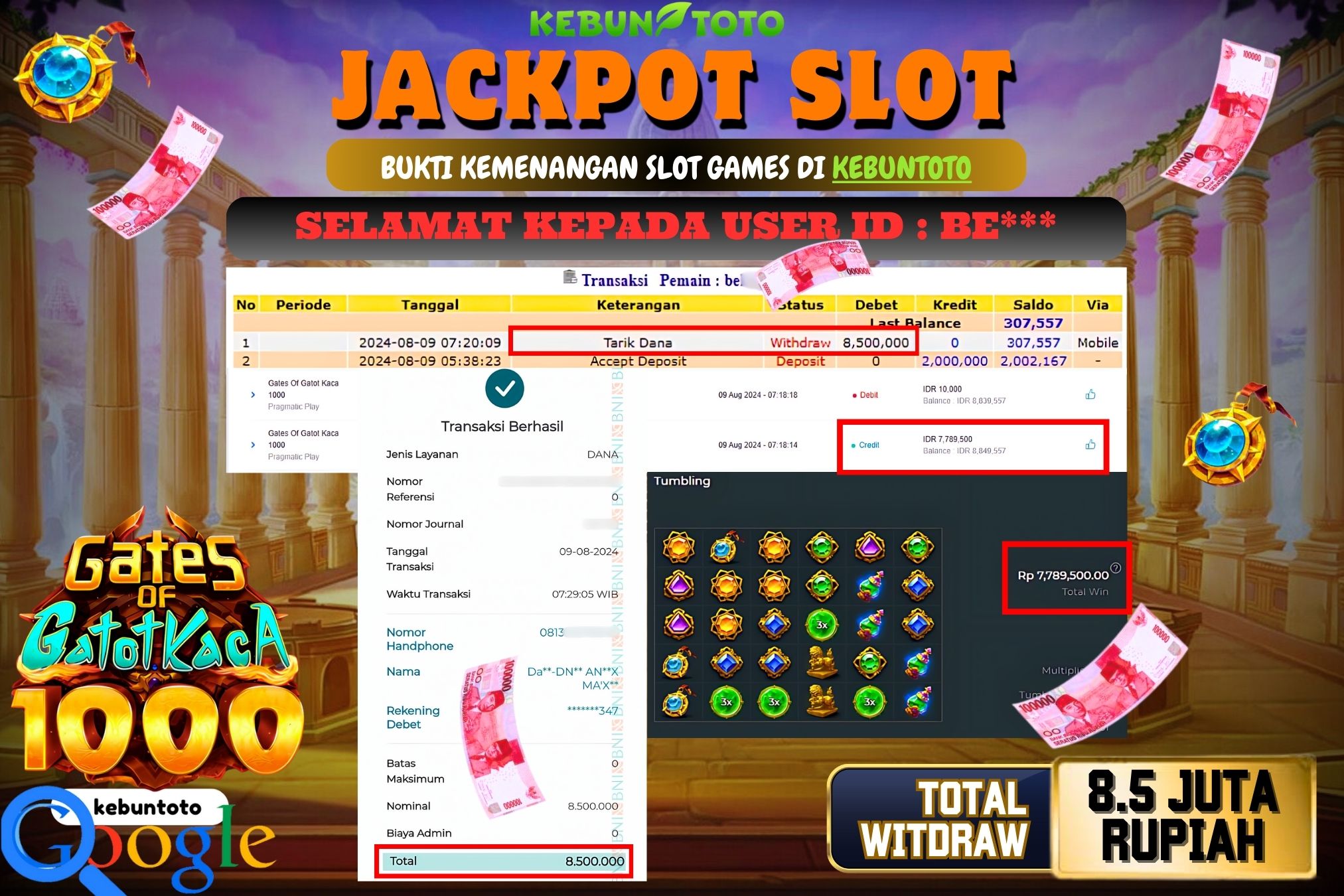 KEBUNTOTO JACKPOT SLOT GATES OF GATOTKACA 1000 Rp.8.500.000,- LUNAS