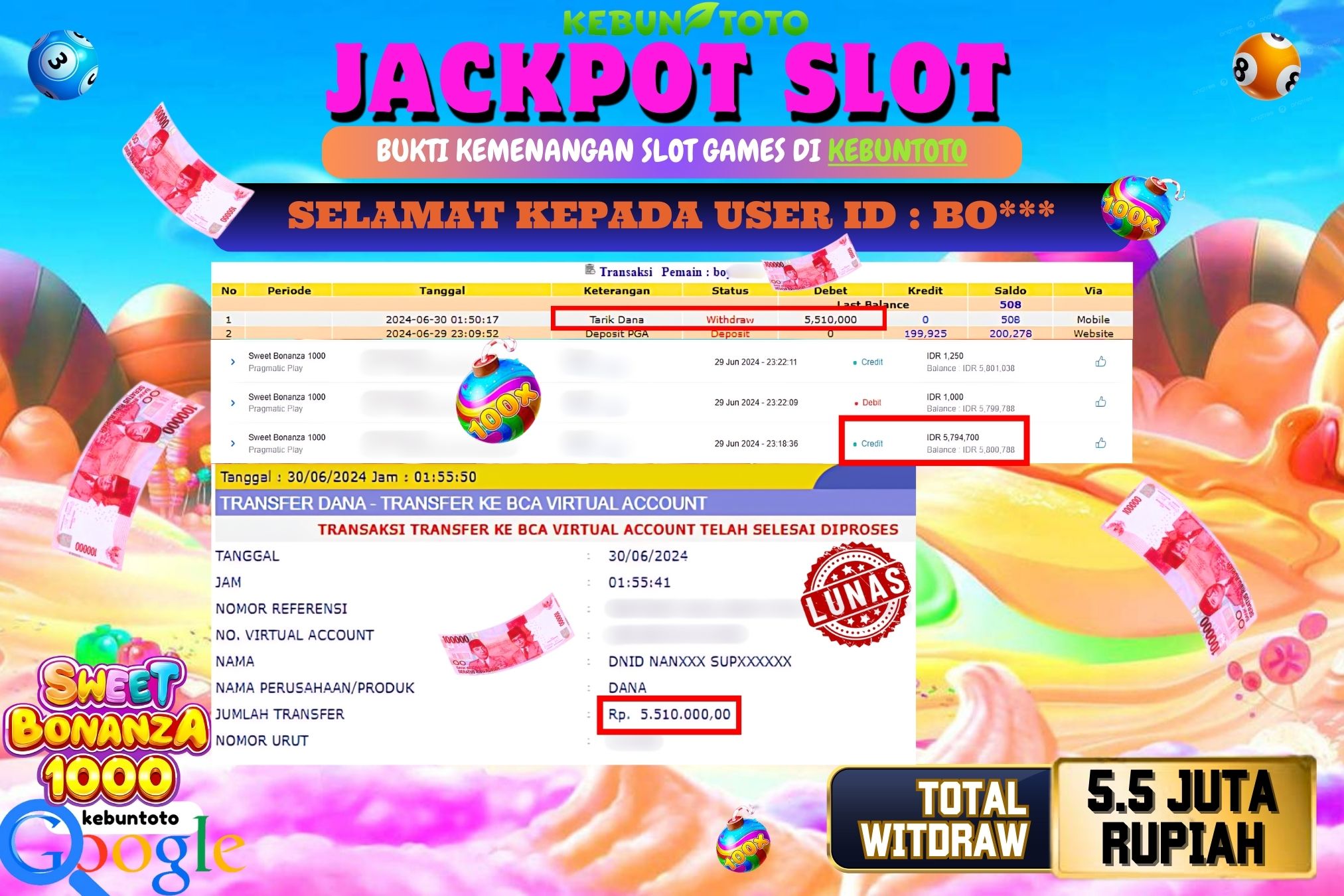 KEBUNTOTO JACKPOT SLOT SWEET BONANZA 1000 Rp.5.510.000,- LUNAS