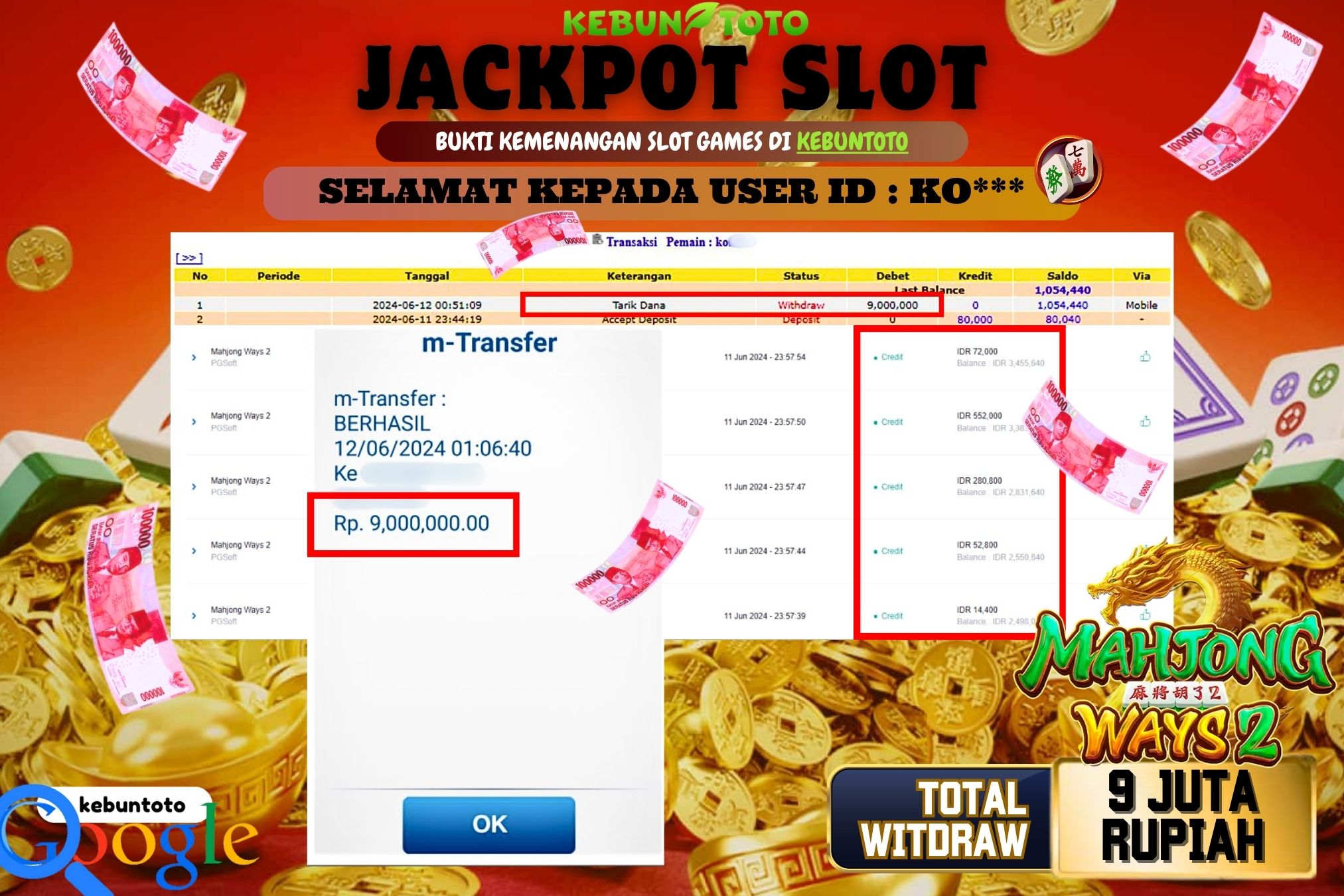 KEBUNTOTO JACKPOT SLOT MAHJONG WAYS 2 Rp.9.000.000,- LUNAS