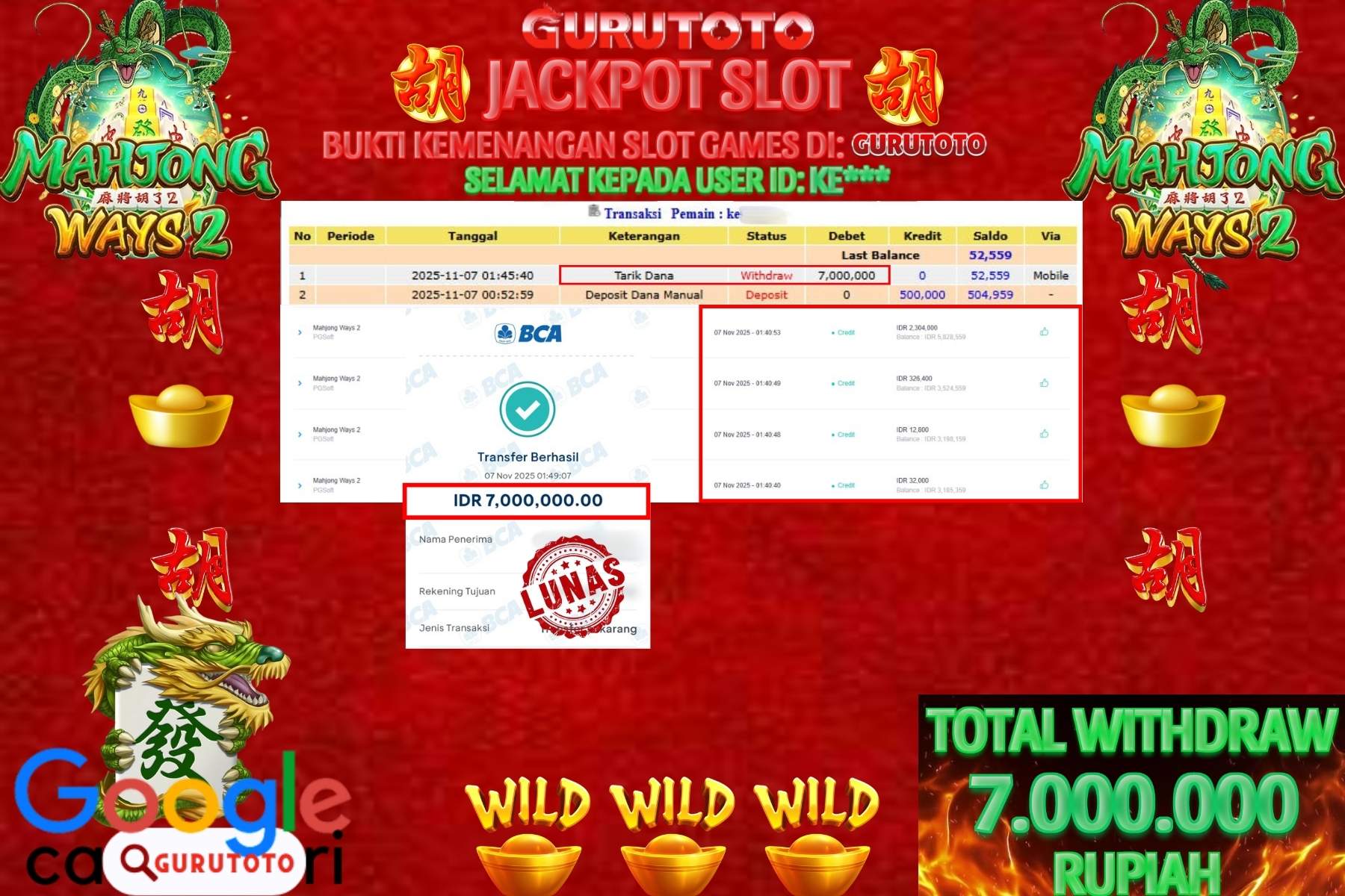 Bukti Kemenangan Rp 7.000.000 SLOT MAHJONG WAYS 2 di GURUTOTO!
