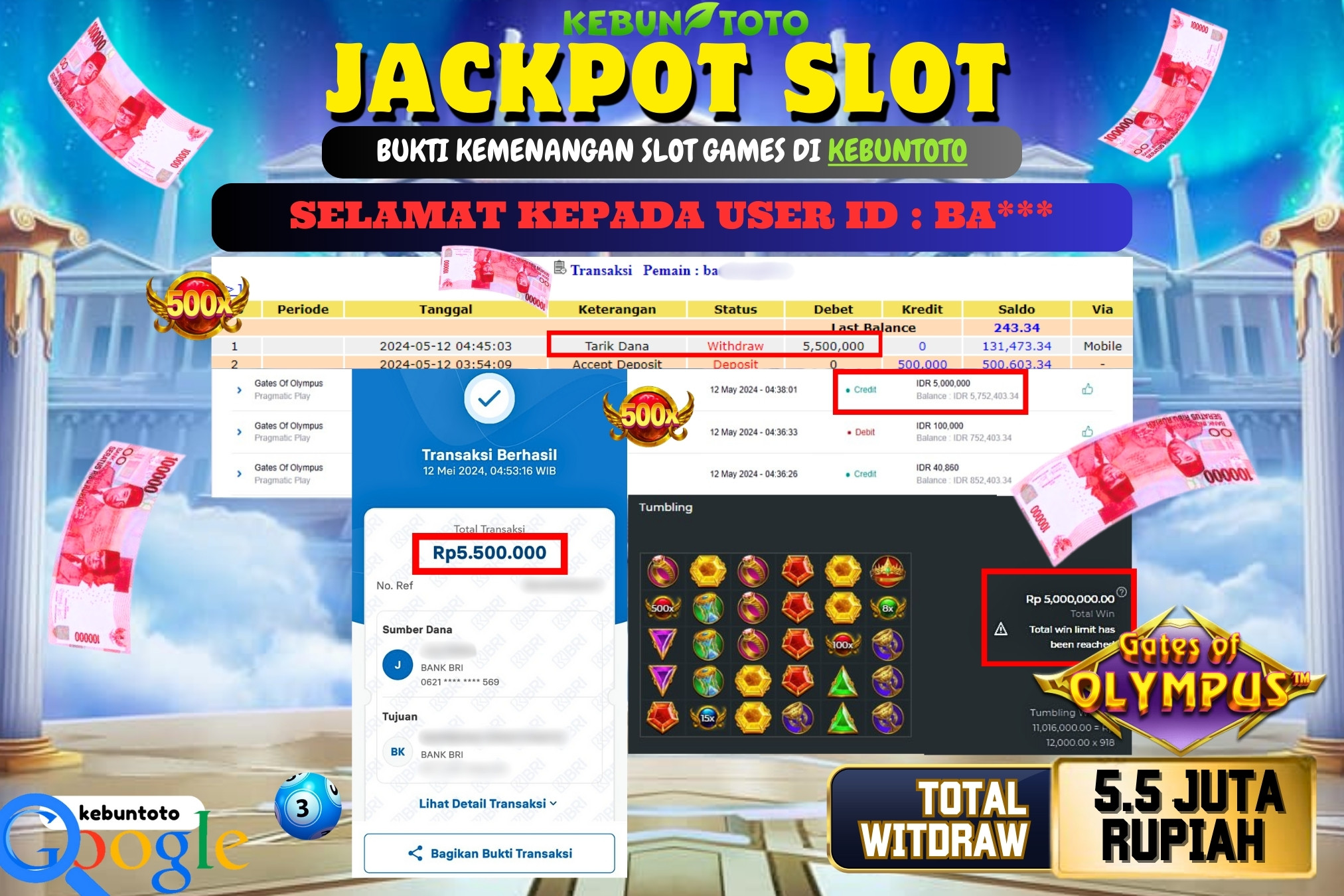 KEBUNTOTO JACKPOT SLOT GATES OF OLYMPUS Rp.5.500.000,- LUNAS