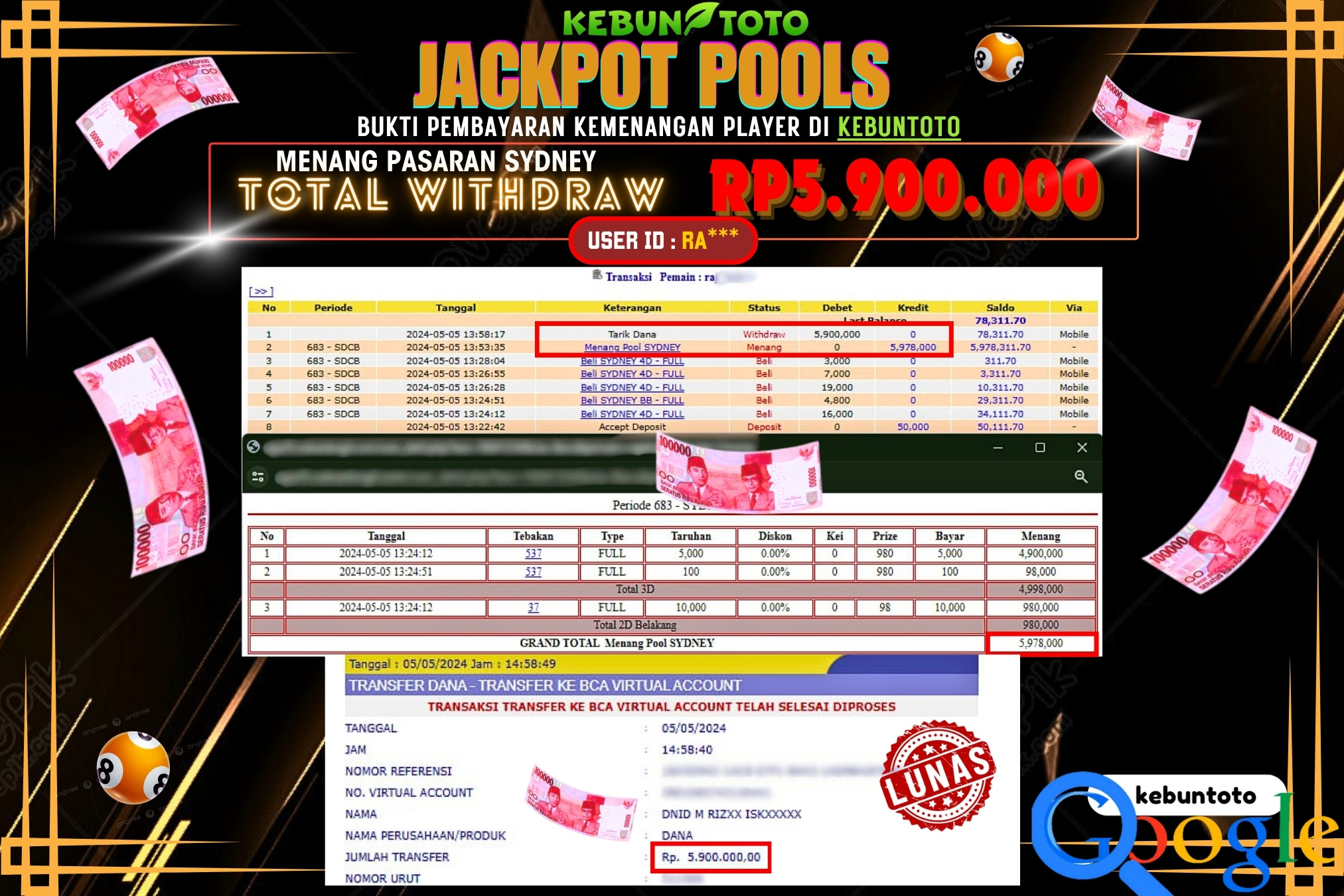 KEBUNTOTO JACKPOT TOGEL PASARAN SYDNEY Rp.5.900.000,- LUNAS