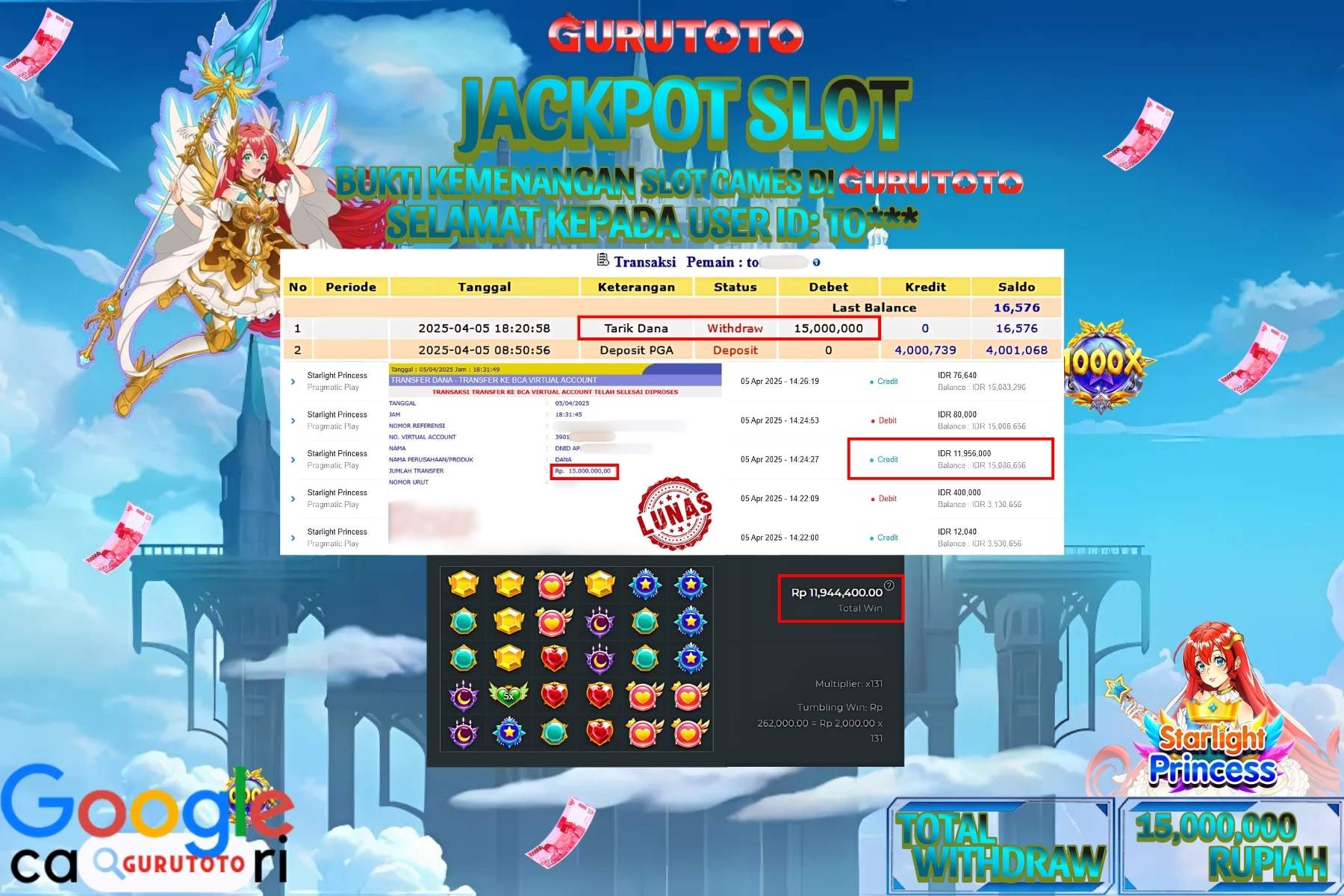 GURUTOTO JACKPOT, SLOT STARLIGHT PRINCESS, Sebesar Rp 15.000.000,- LUNAS