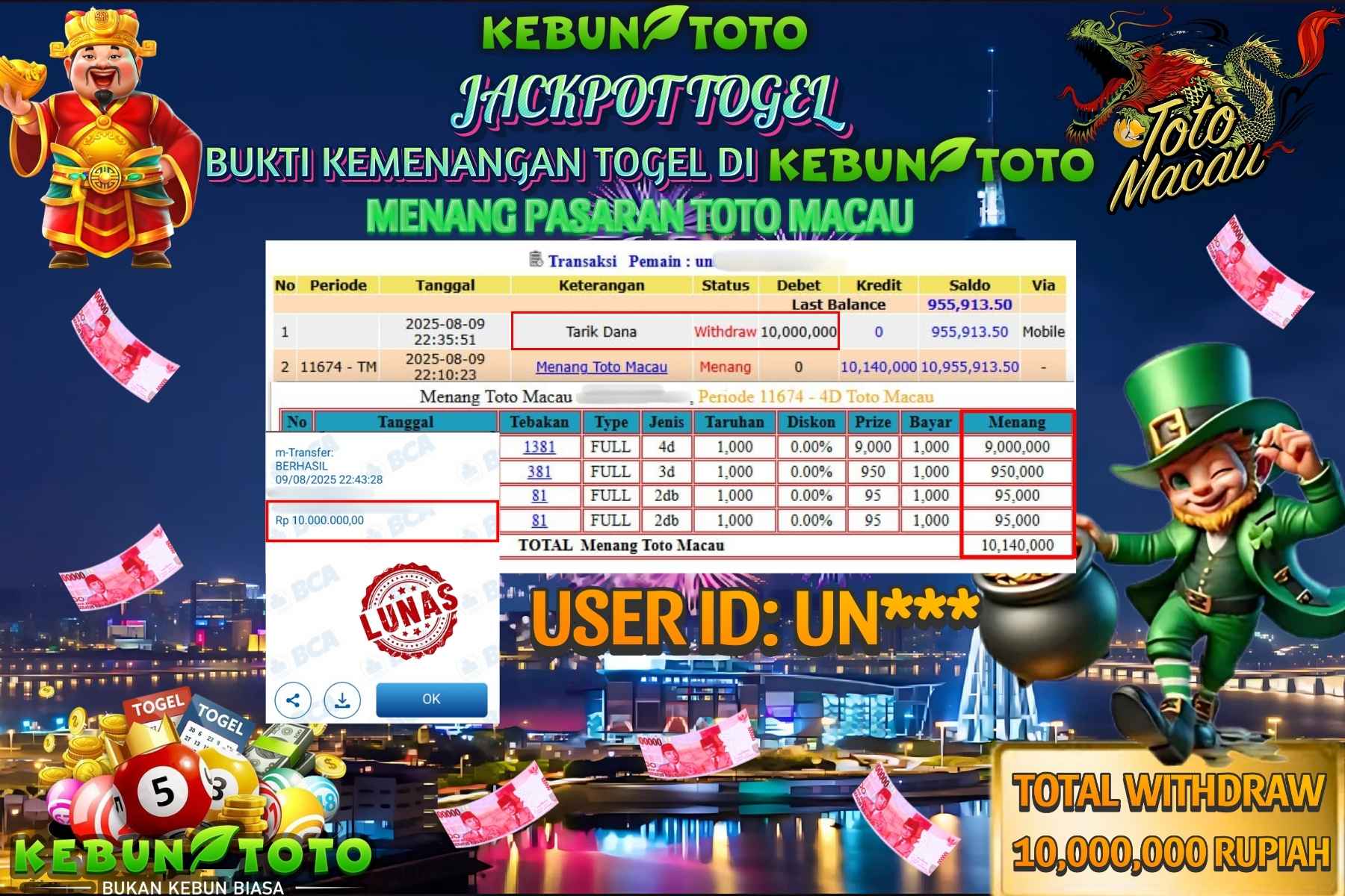 Bukti Kemenangan Rp 10.00.000 TOGEL TOTO MACAU di KEBUNTOTO!