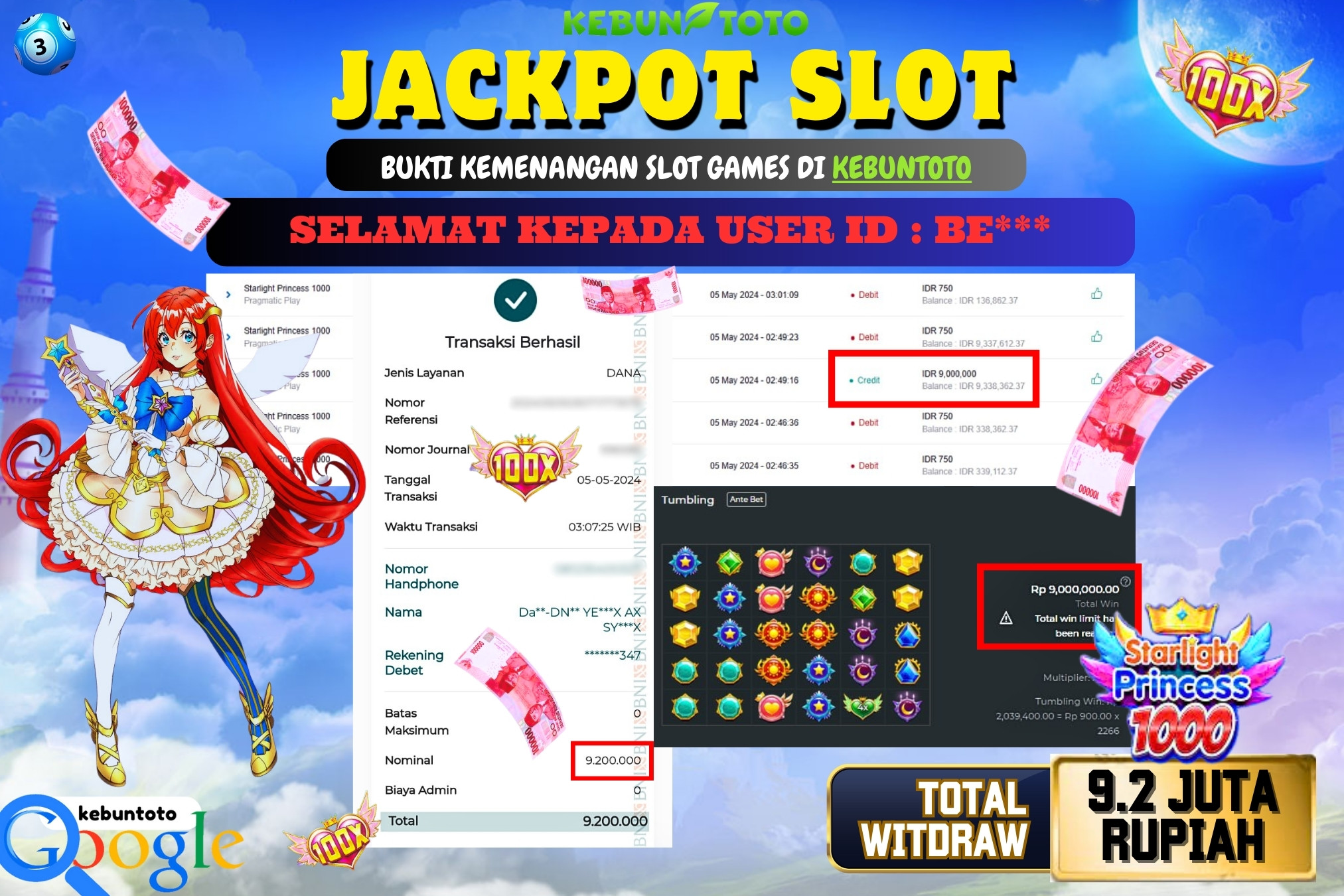 KEBUNTOTO JACKPOT SLOT STARLIGHT PRINCESS 1000 Rp.9.200.000,- LUNAS