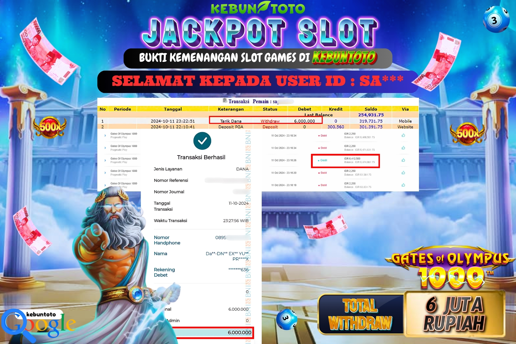 KEBUNTOTO JACKPOT SLOT GATES OF OLYMPUS 1000 Rp.6.000.000,- LUNAS
