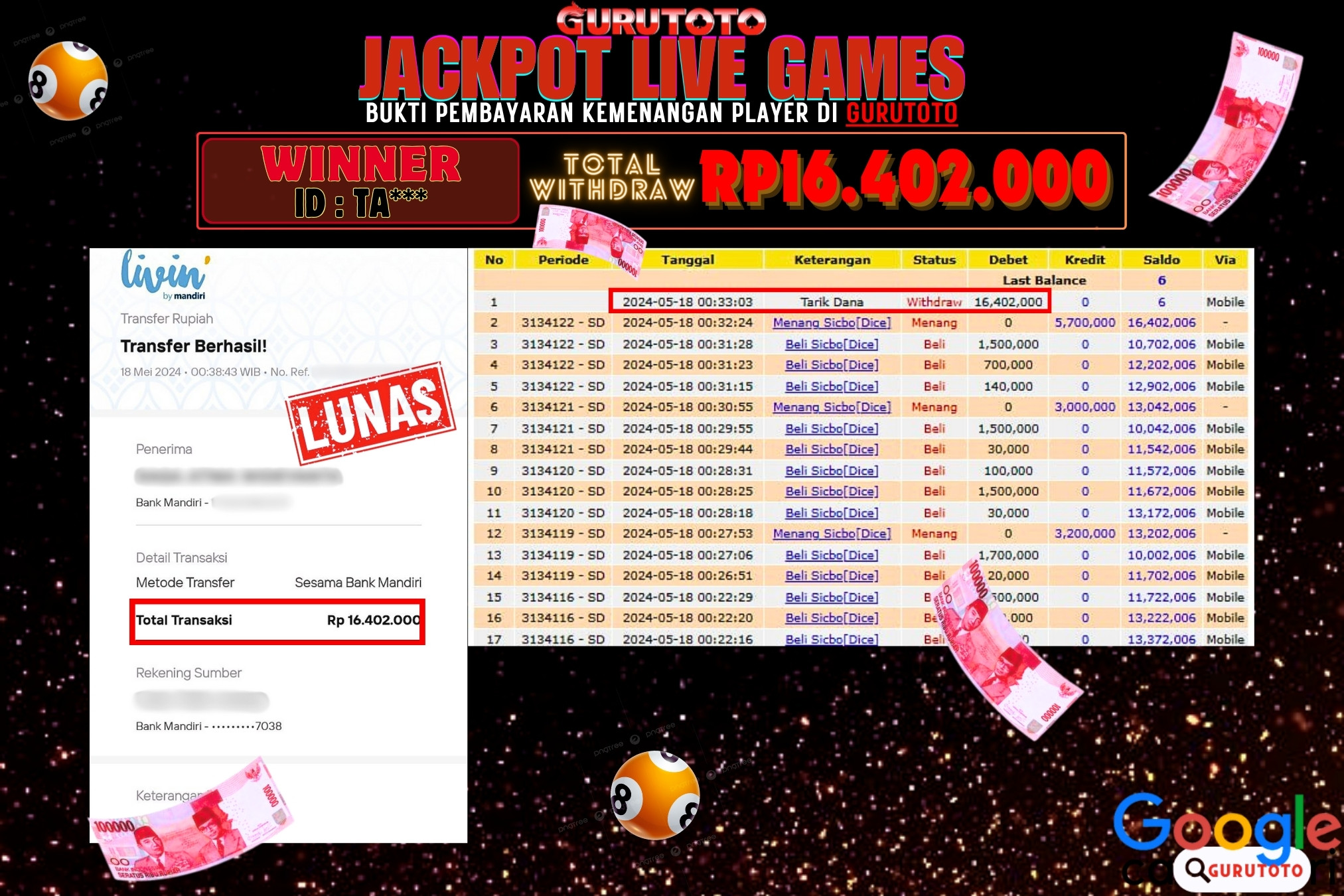 Jackpot Live Game SICBO (DICE) di Gurutoto sebesar Rp.16.402.000 dibayar lunas.