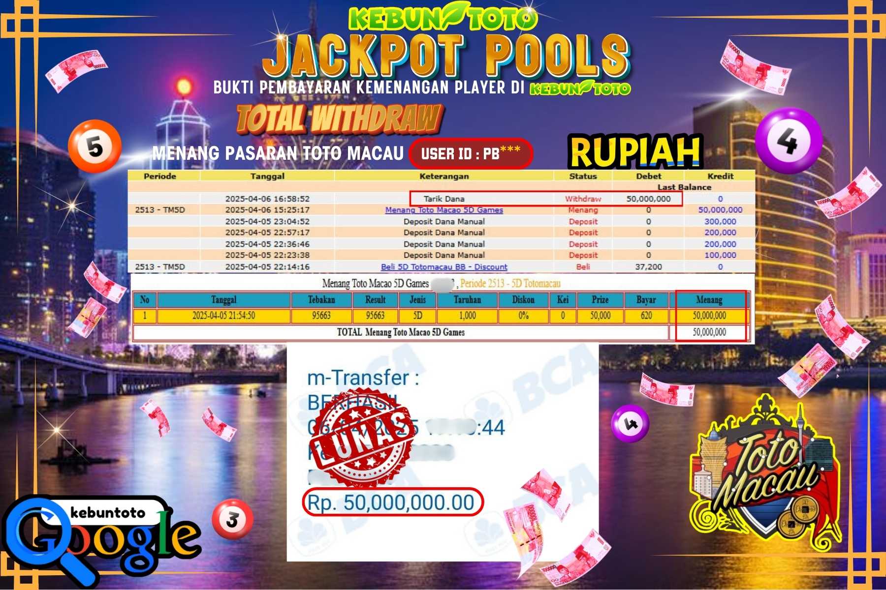 KEBUNTOTO JACKPOT, TOTO MACAU POOLS Rp 50.000.000,- LUNAS