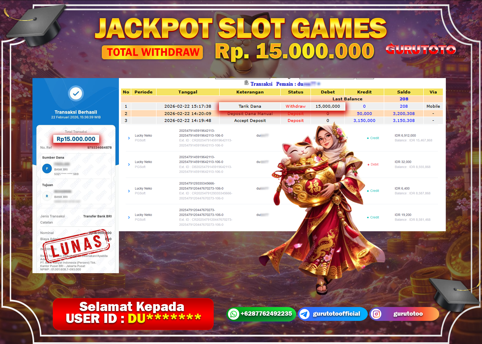 Bukti Kemenangan Rp 15.000.000 LUCKY NEKO di GURUTOTO !