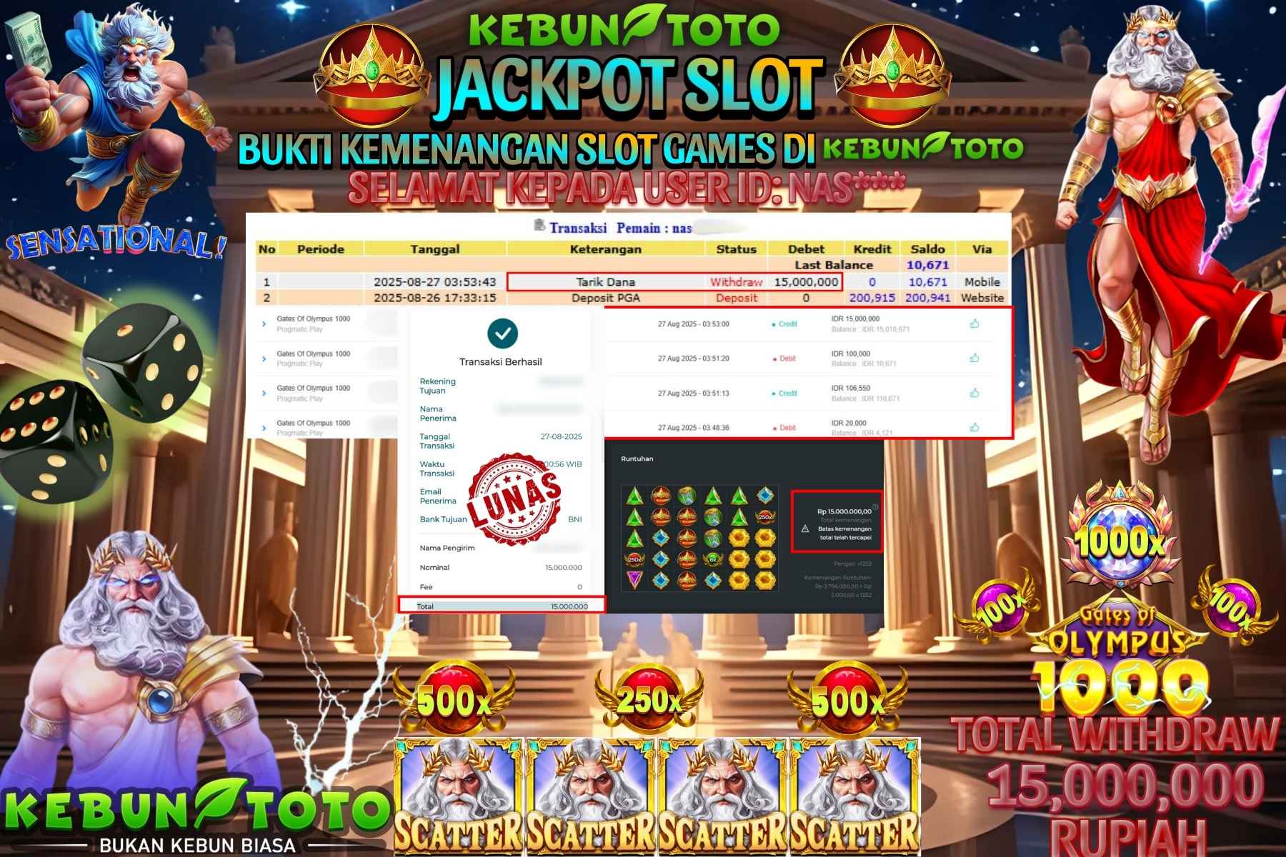 Bukti Kemenangan Rp 15.000.000 SLOT GATES OF OLYMPUS 1000 di KEBUNTOTO!