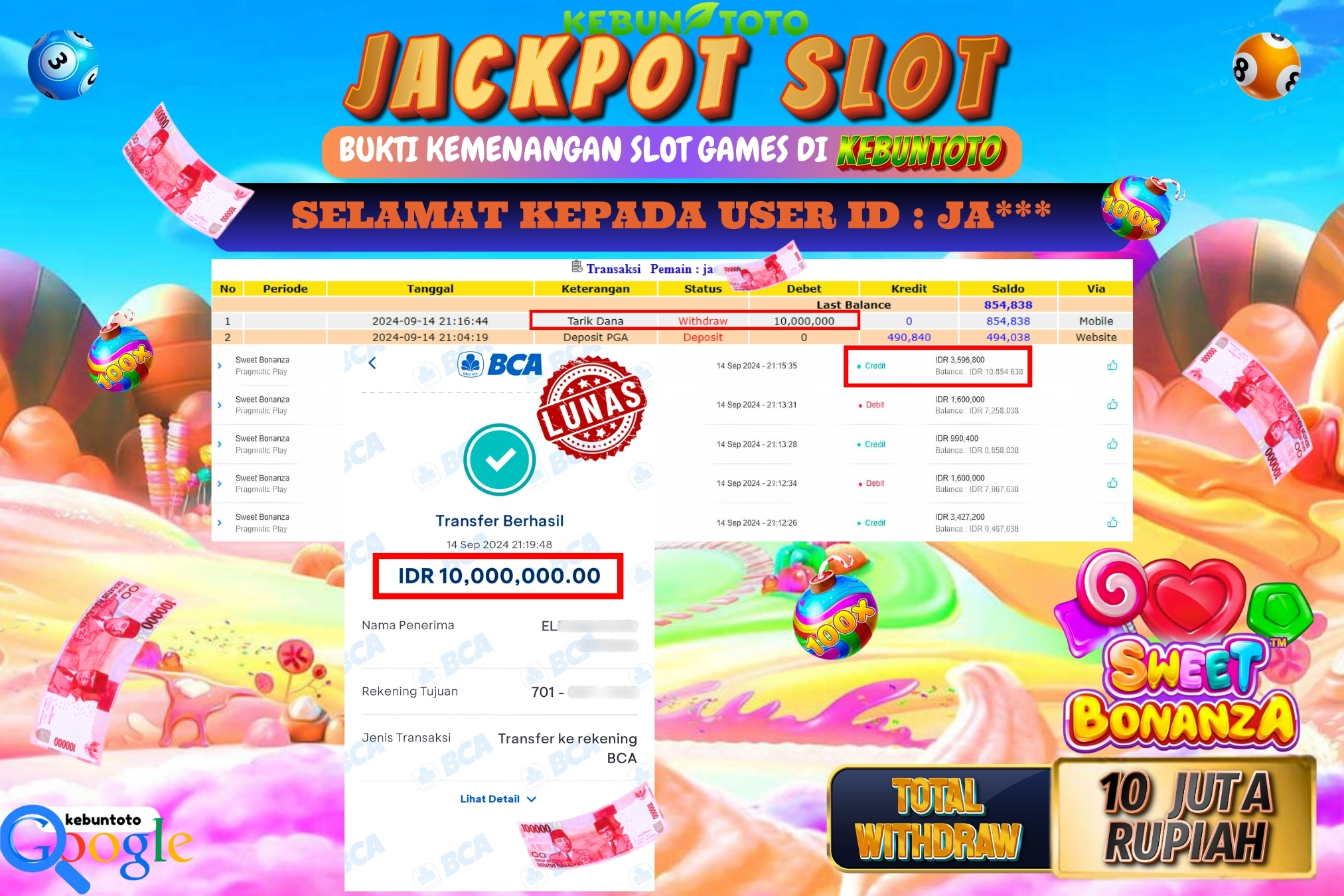KEBUNTOTO JACKPOT SLOT SWEET BONANZA Rp.10.000.000,- LUNAS