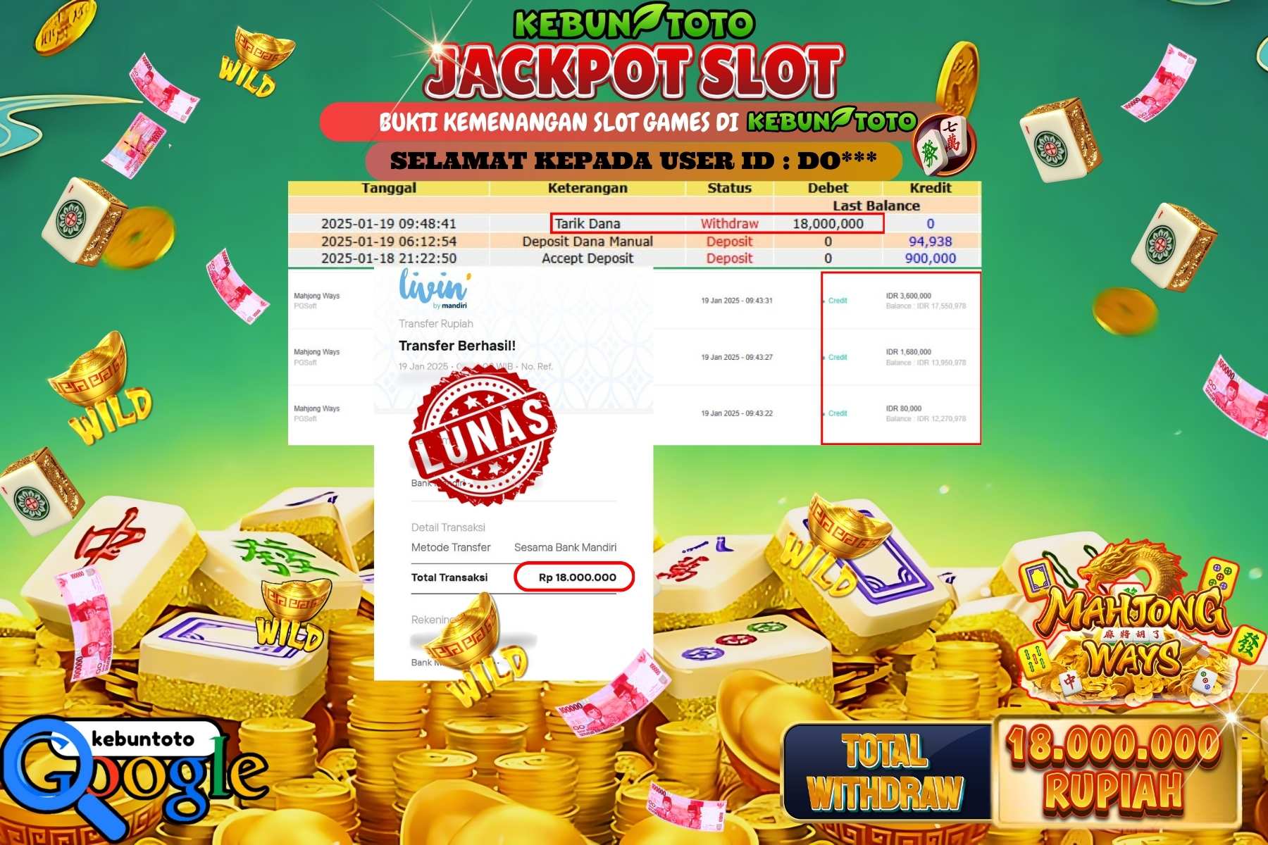 KEBUNTOTO JACKPOT SLOT MAHJONG WAYS , Sebesar Rp.18.000.000,- LUNAS