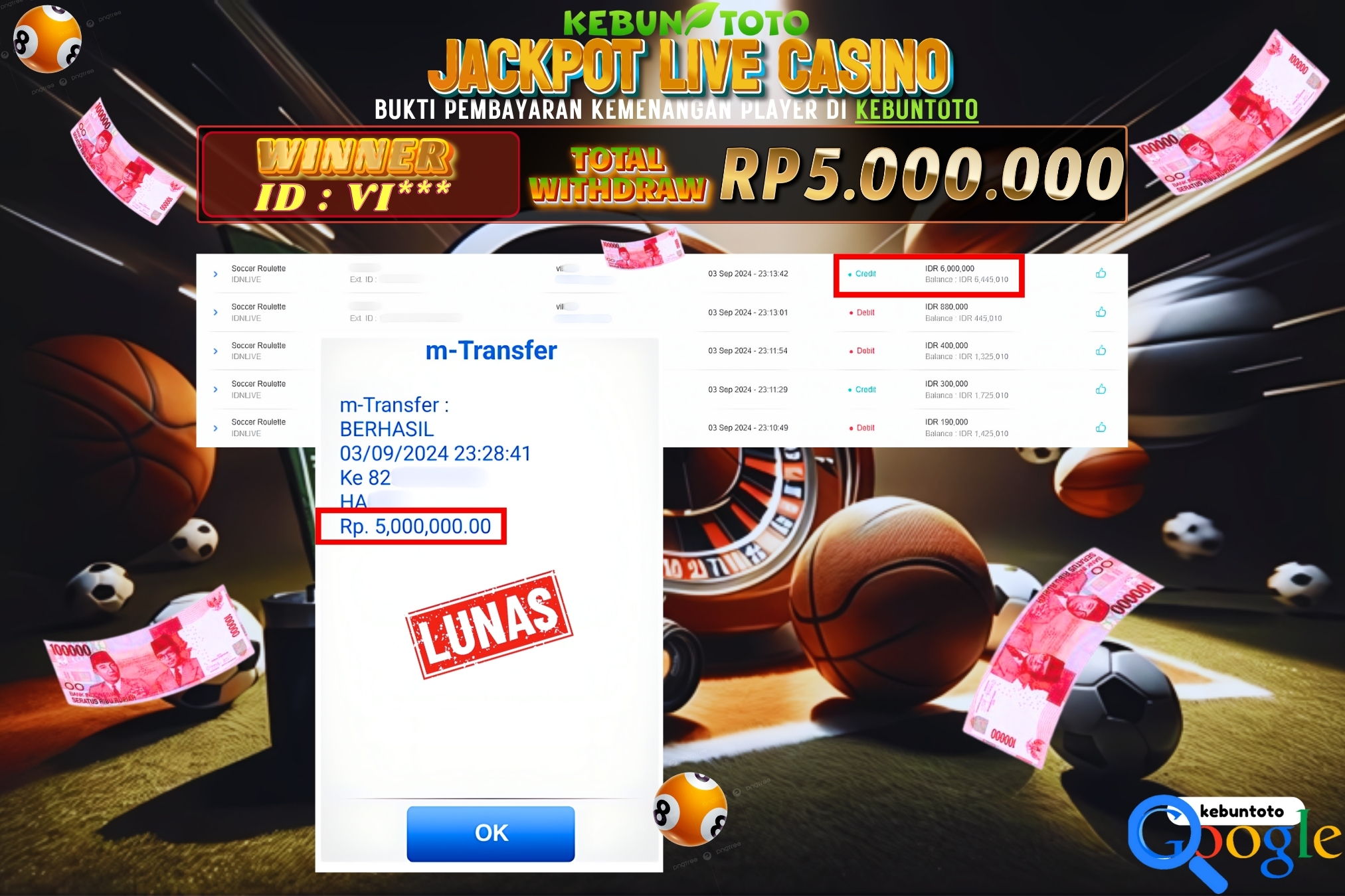 KEBUNTOTO JACKPOT LIVE CASINO SOCCER ROULETTE Rp.5.000.000,- LUNAS