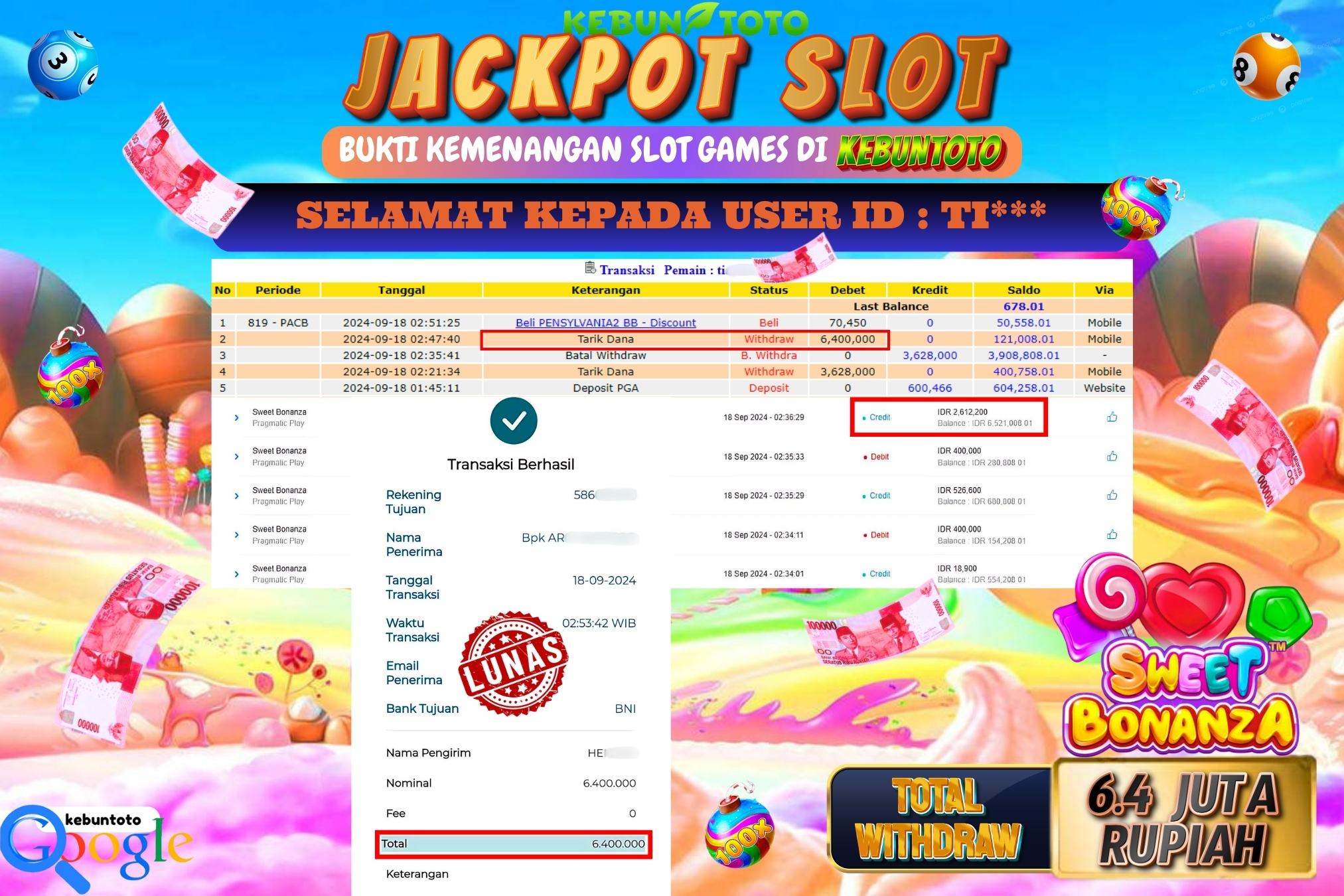 KEBUNTOTO JACKPOT SLOT SWEET BONANZA Rp.6.400.000,- LUNAS
