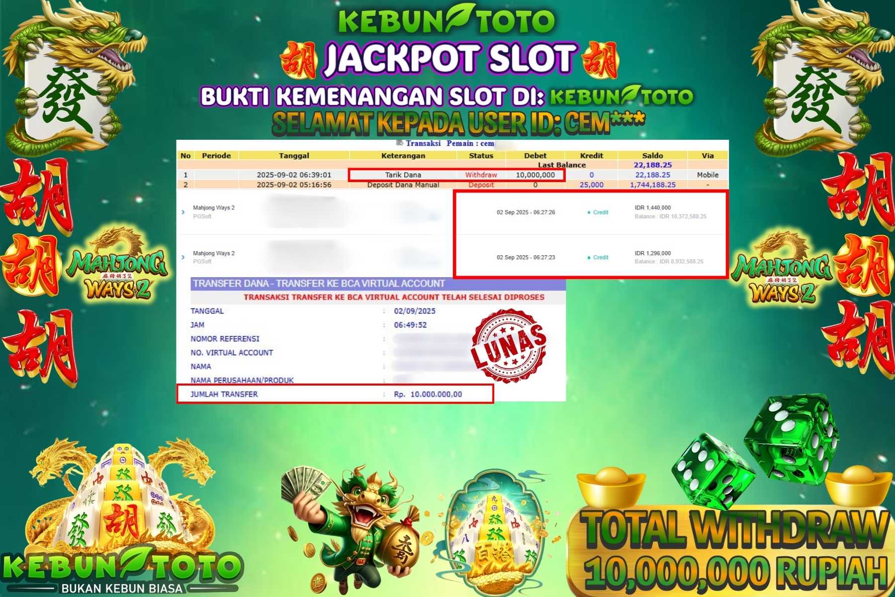 Bukti Kemenangan Rp 10.000.000 SLOT MAHJONG WAYS 2 di KEBUNTOTO!