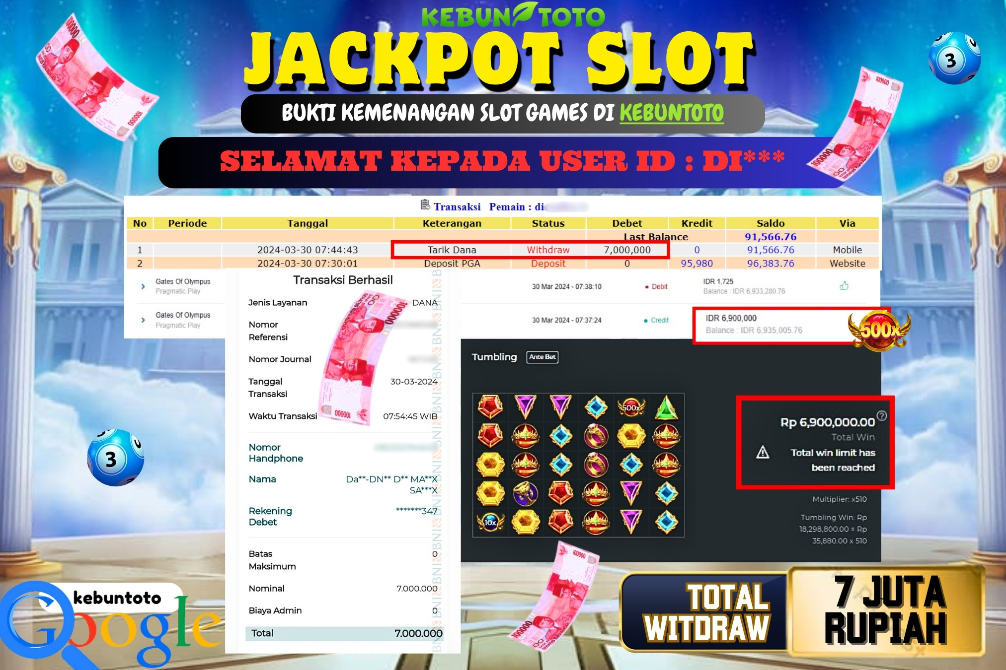 KEBUNTOTO JACKPOT SLOT  GATES OF OLYMPUS Rp.7.000.000,- LUNAS